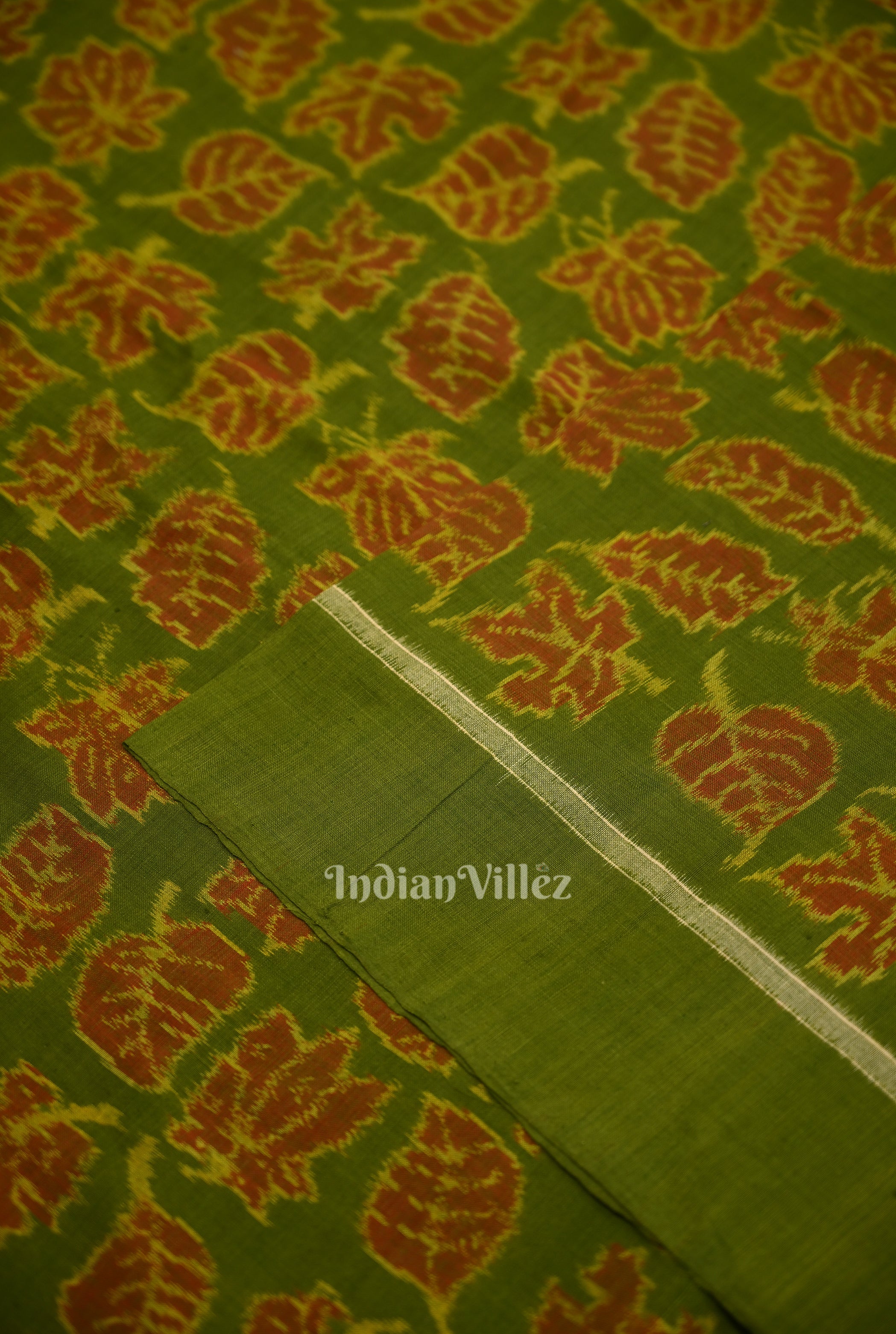 IndianVillèz Green Autumn Leaves Motif Sambalpuri Ikat Cotton Fabric - view 2