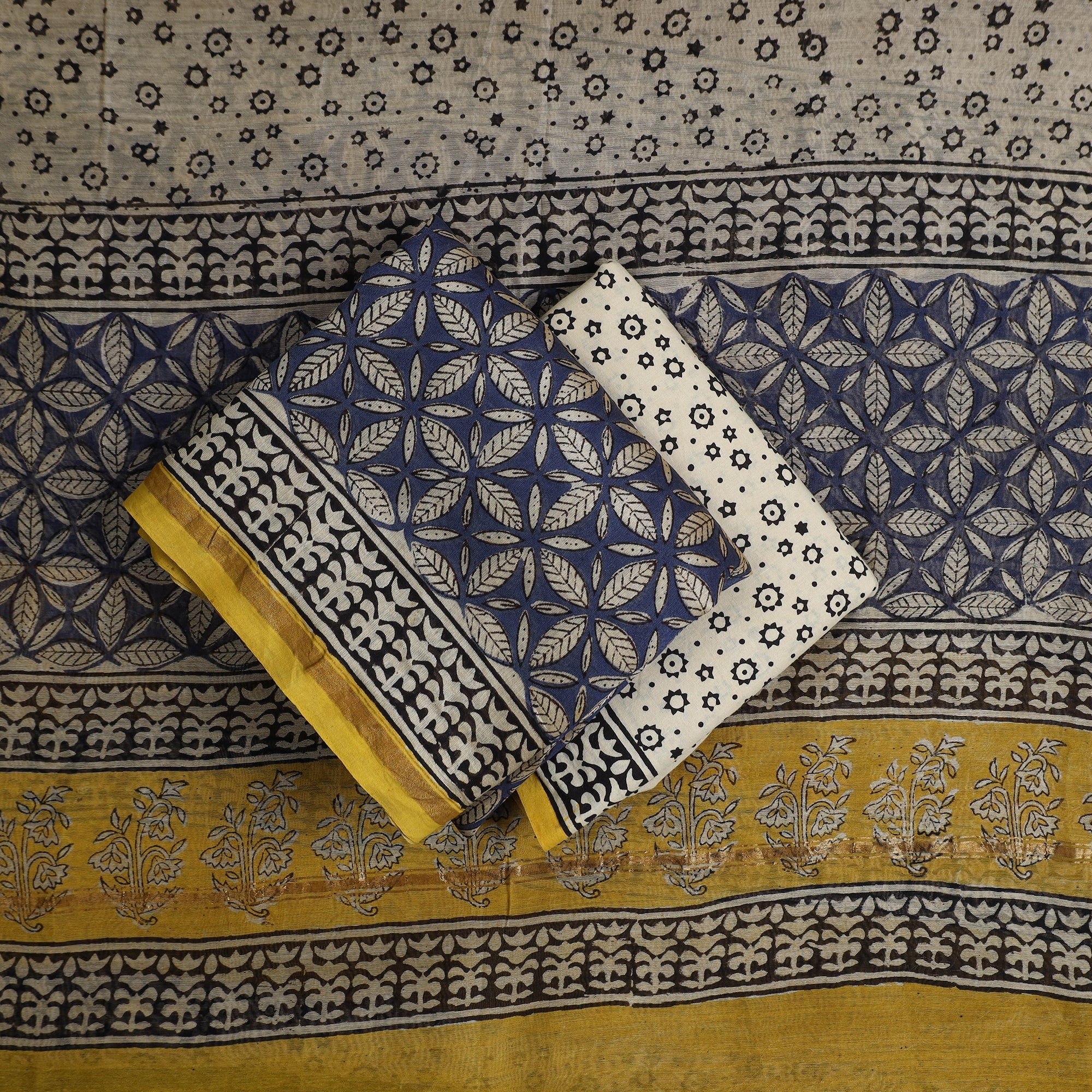 HAVELI CHRONICLES Blue - 3pc Chanderi Silk Bagru Print Dress Material 12 - view 2