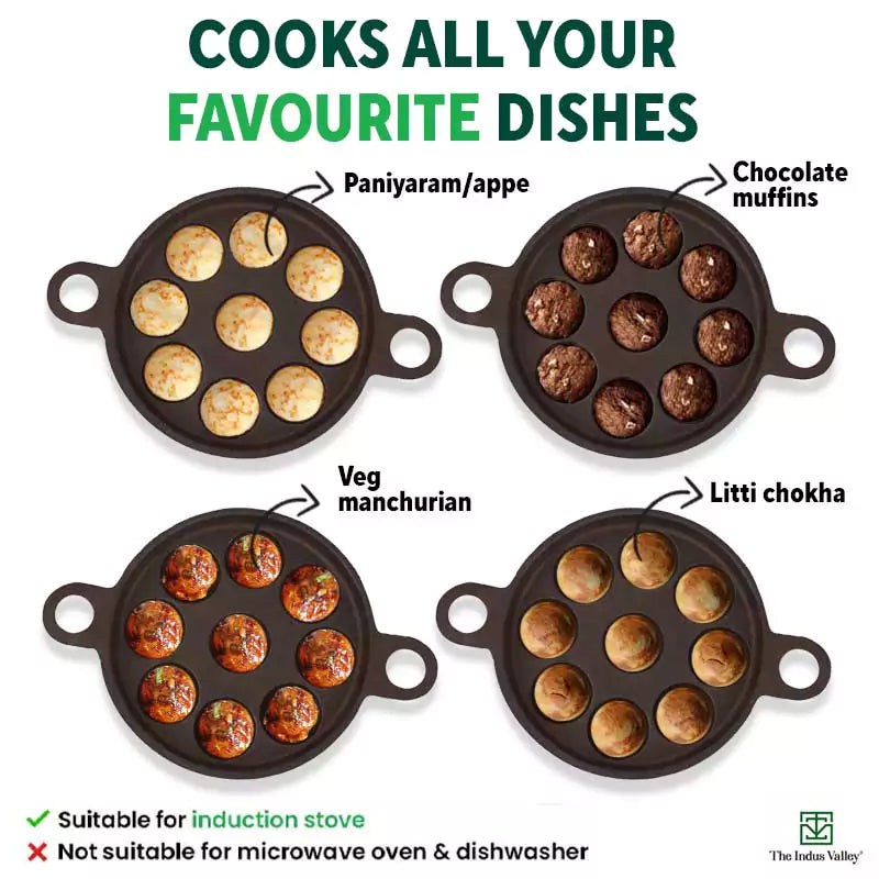 The Indus Valley 9 Pit/Cup CASTrong Cast Iron Paniyaram/Appe Pan+ Glass Lid, Pre-seasoned, Natural Nonstick, 100% Pure, Toxin-free, 21 cm, 2.7 kg - view 11