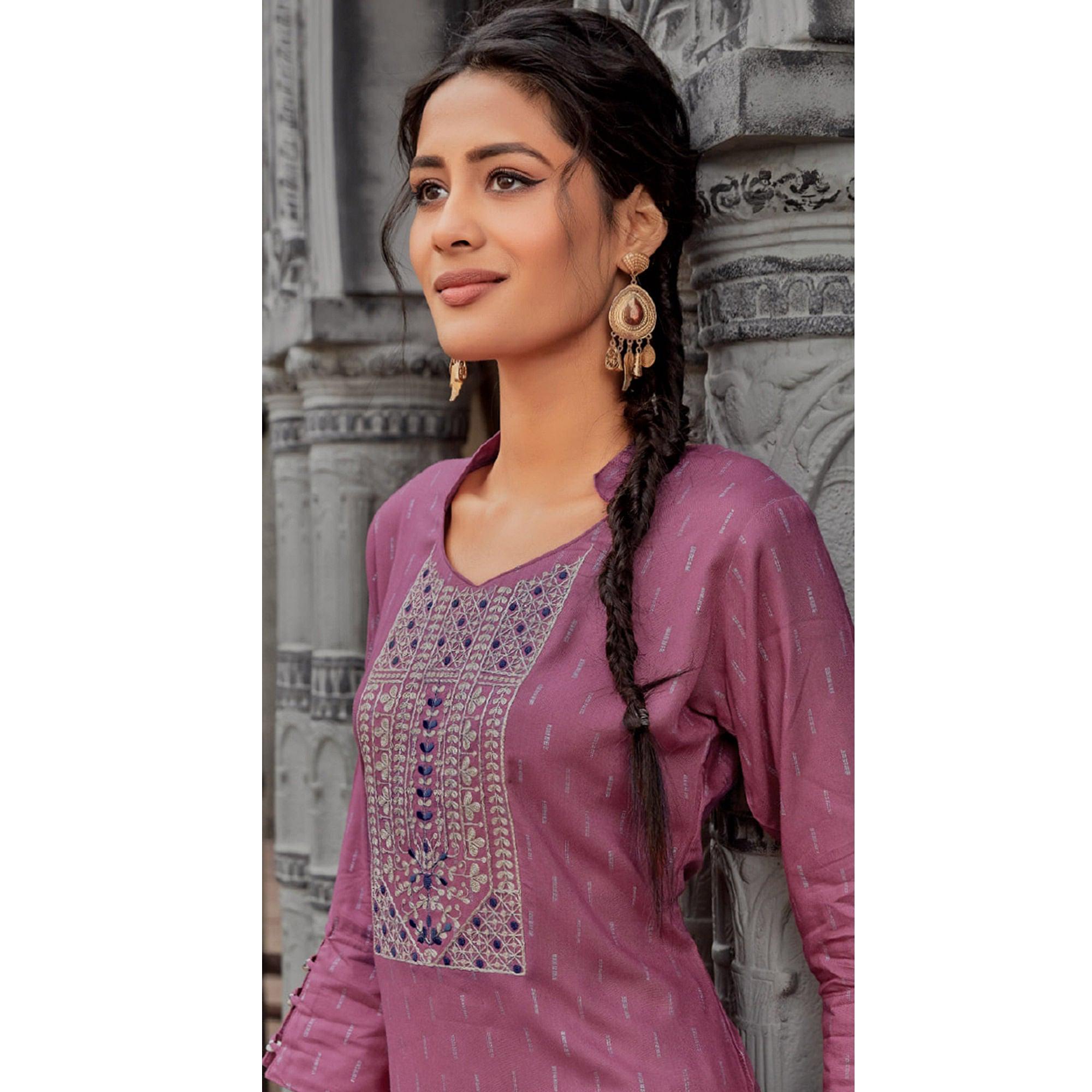 Peachmode Seller Mauve Printed With Embroidered Pure Cotton Kurti - view 2