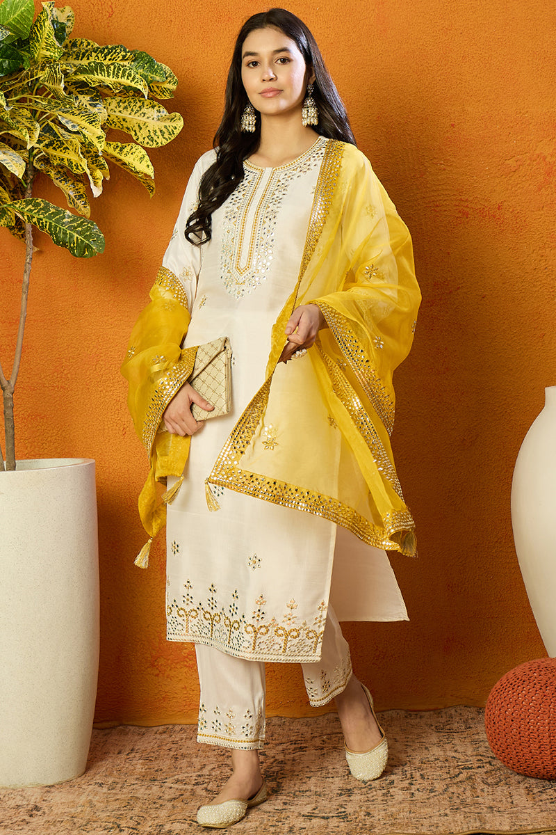Ahika White Silk Blend Solid Embroidered Straight Suit Set PKSKD2471
