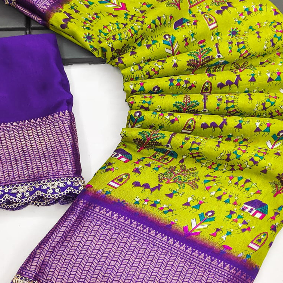 BlackTree green-warli-printed-dola-silk-saree-with-zari-border-1 - view 2