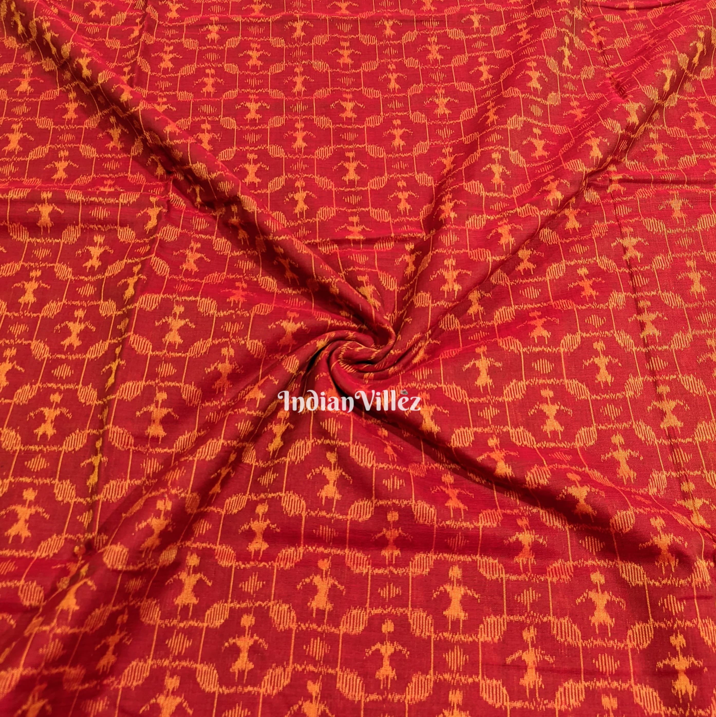 IndianVillèz Reddish Orange Tribal Sambalpuri Ikat Cotton Fabric