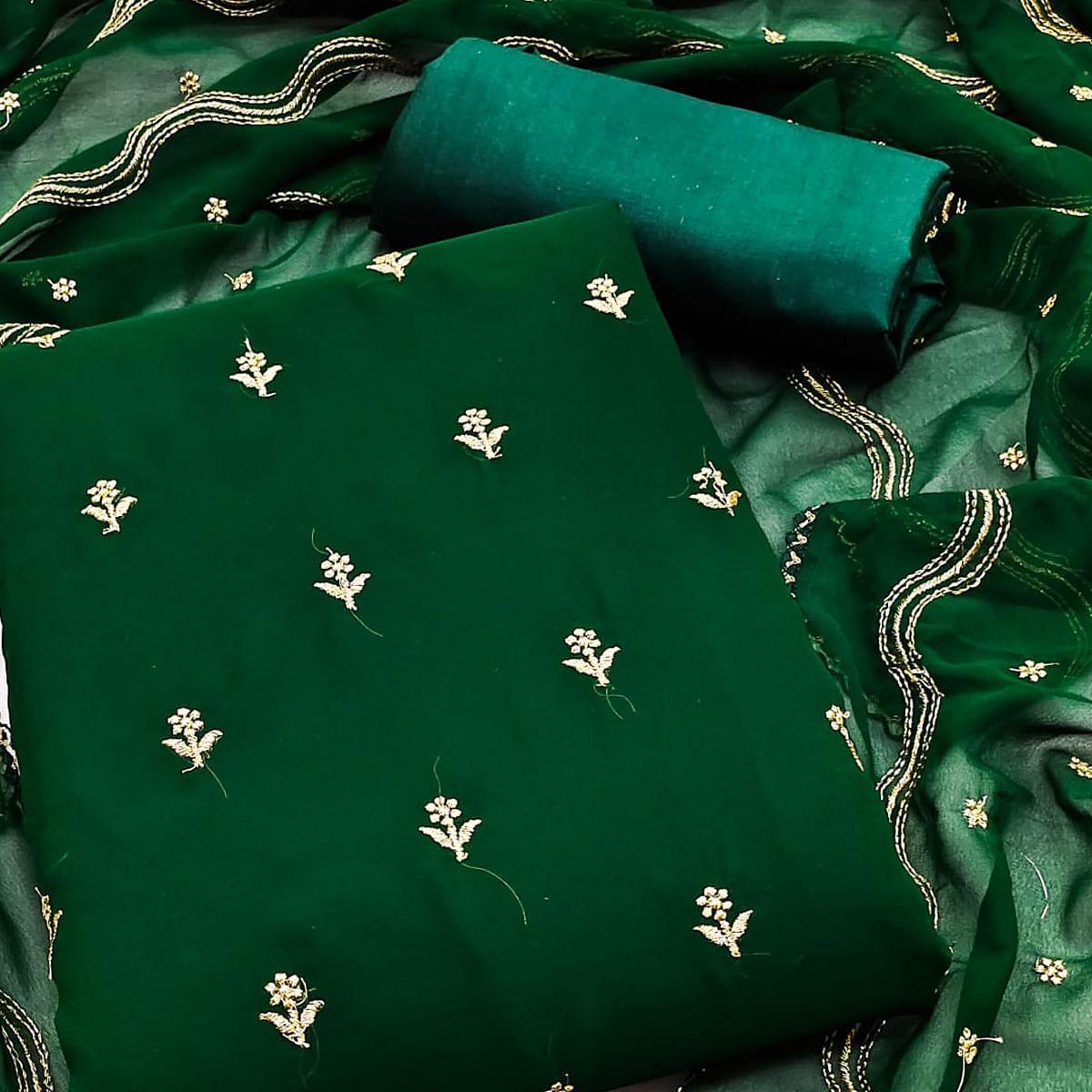 Peachmode Bottle Green Embroidered Georgette Dress Material - view 3