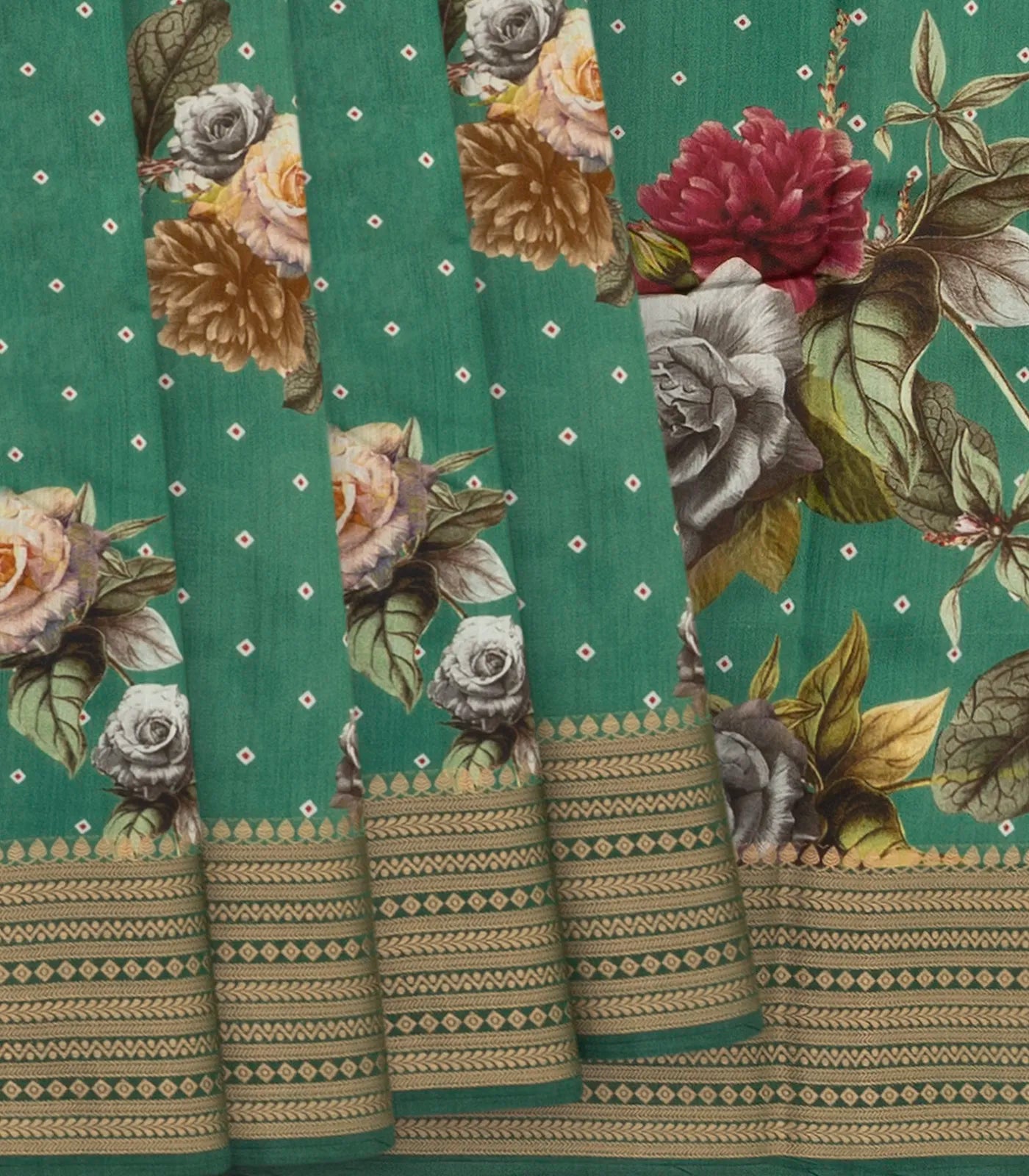 RmKV Aquamarine Woven Chiniya Silk Saree With Floral Prints & Traditional Motifs in Border-Aquamarine