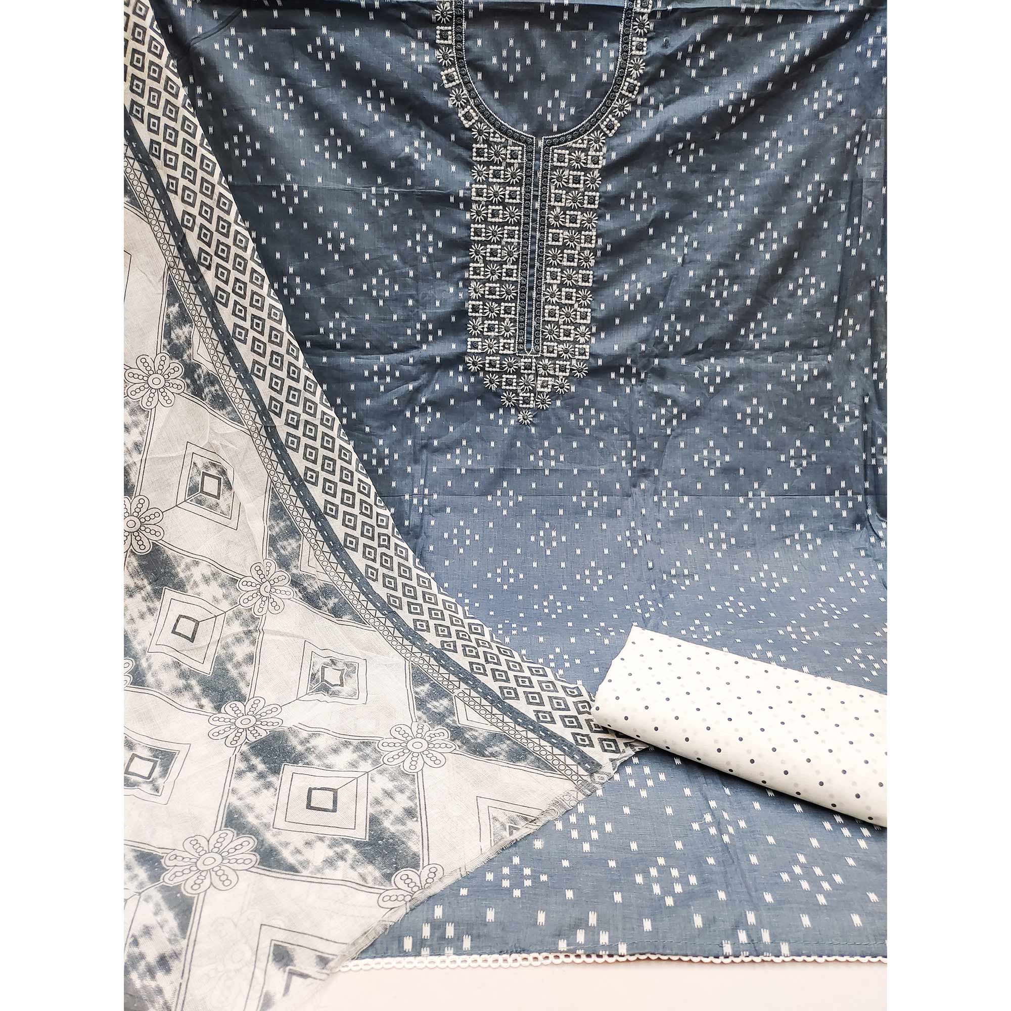 Peachmode Grey Printed With Embroidered Pure Cotton Dress Material - view 3