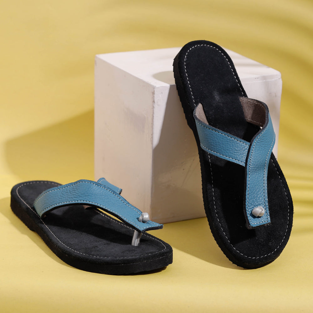 AASAI HANDICRAFT FOOTWEAR AUROVILLE Black & Blue Handcrafted Women's Leather Slippers with Suede
