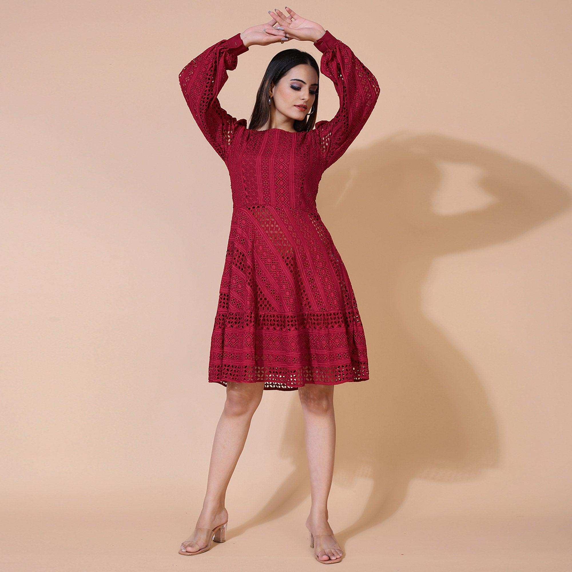 Peachmode Seller Maroon Lucknowi Chikankari Work Rayon Western Dress - view 5