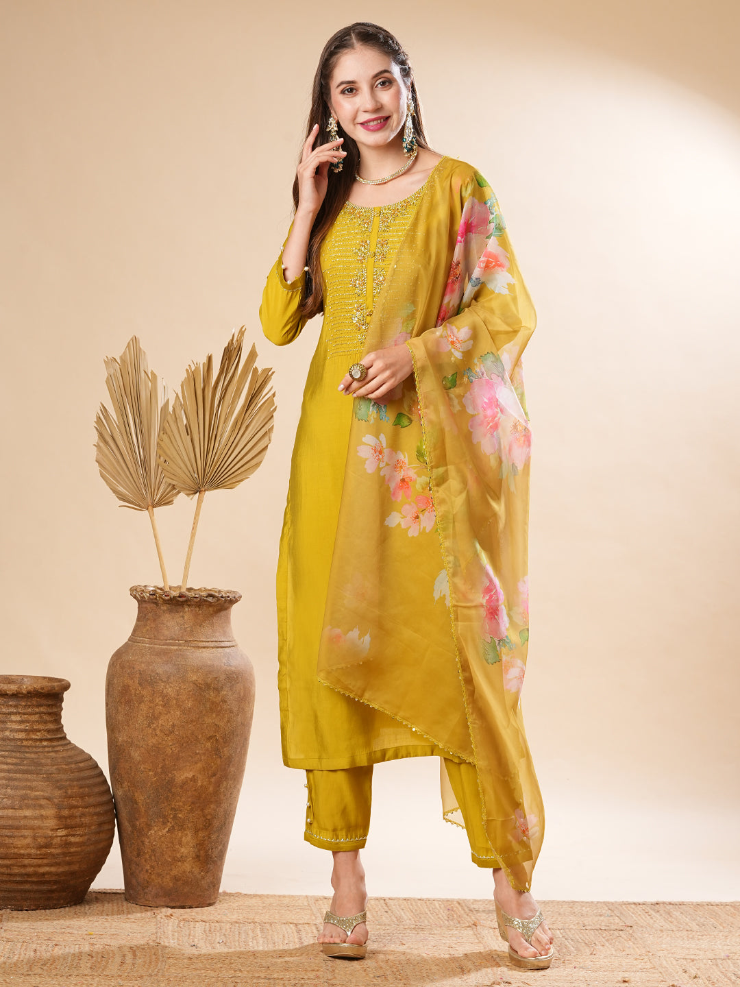 Fashor Solid Zardozi & Stone Embroidered Kurta with Pants & Floral Dupatta - Lime Green