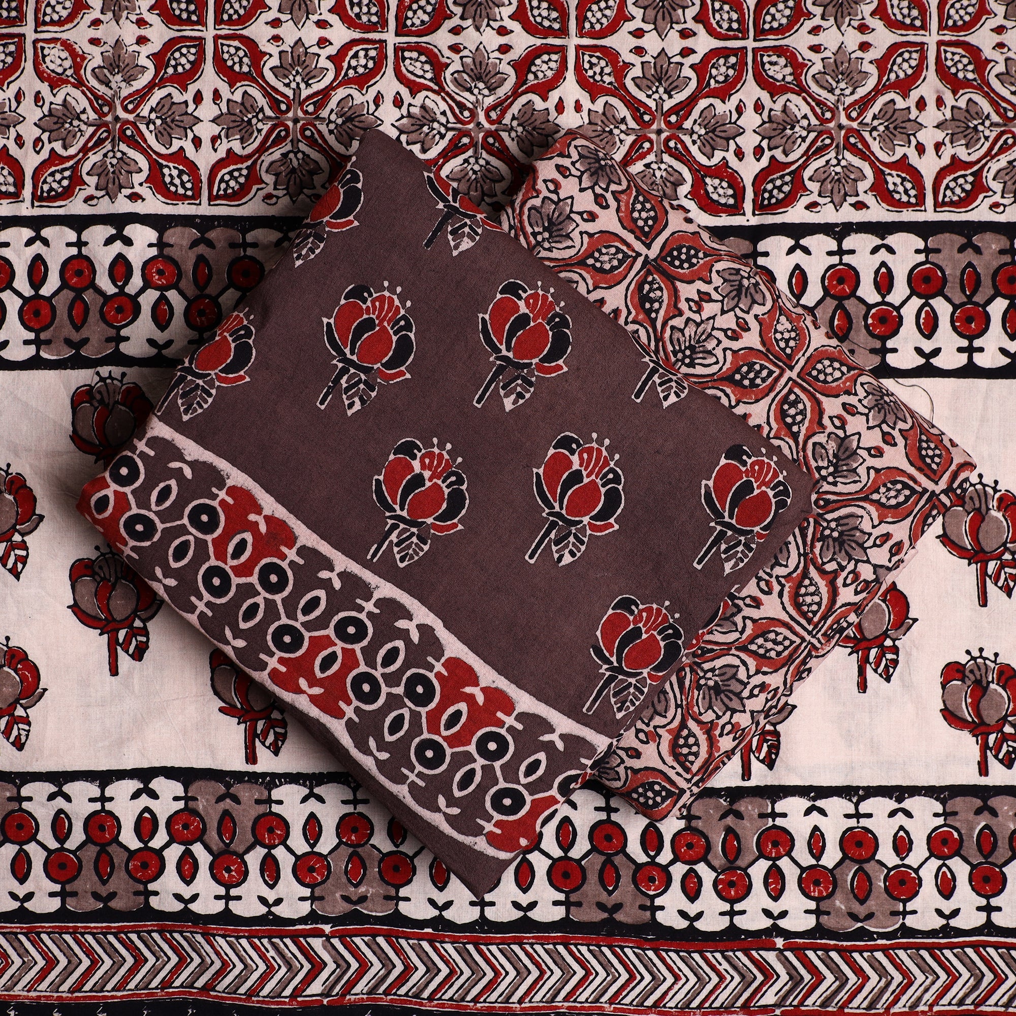 AJRAKH BY JABBAR KHATRI Brown - 3pc Ajrakh Block Printed Natural Dyed Cotton Suit Material Set 21 - view 2