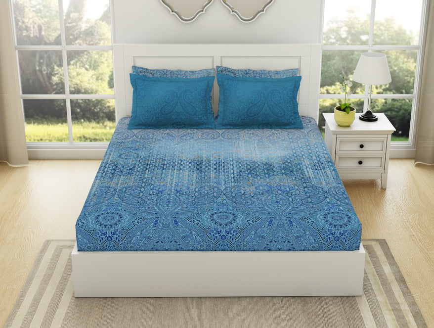 Spaces India Floral Blue Jasper - Blue Egyptian Cotton Tencel King Size Bedsheet - Pattern Art By Spaces
