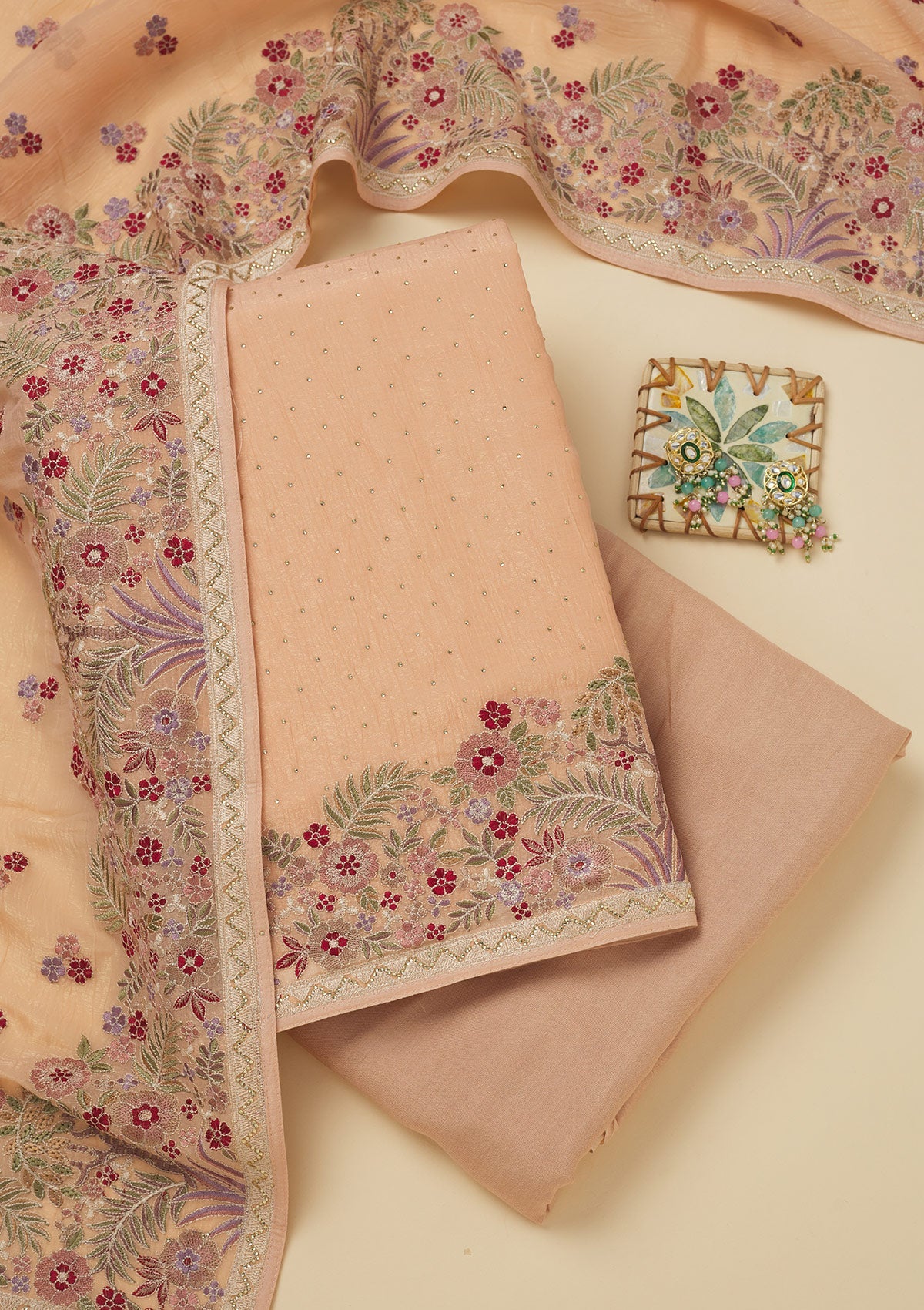 Koskii Peach Threadwork Tissue Unstitched Salwar Suit
