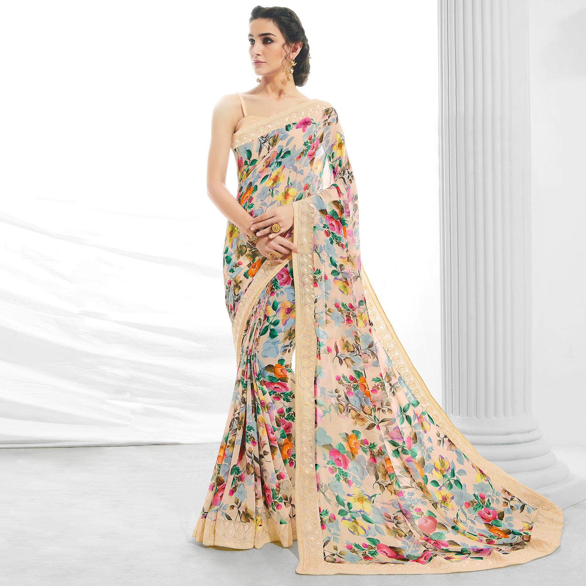 Peachmode Cream Floral Printed With Embroidered Border Georgette Saree