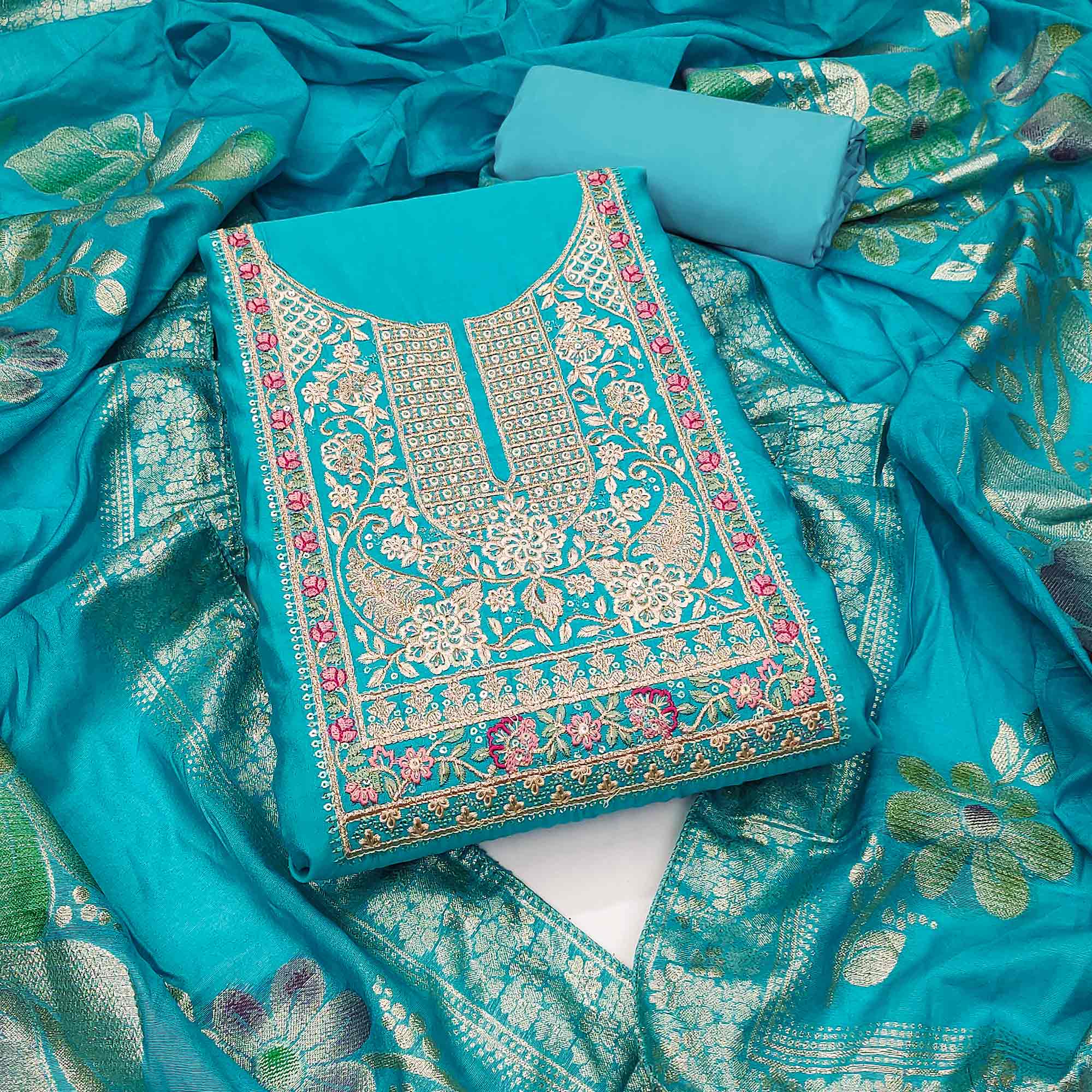 Peachmode Blue Floral Sequins Embroidered Roman Cotton Silk Dress Material