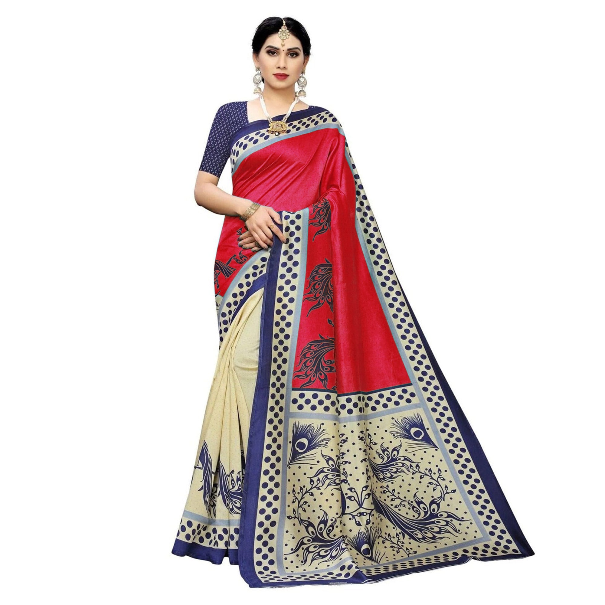 Peachmode Cream Red Printed Art Silk Half N Half Saree