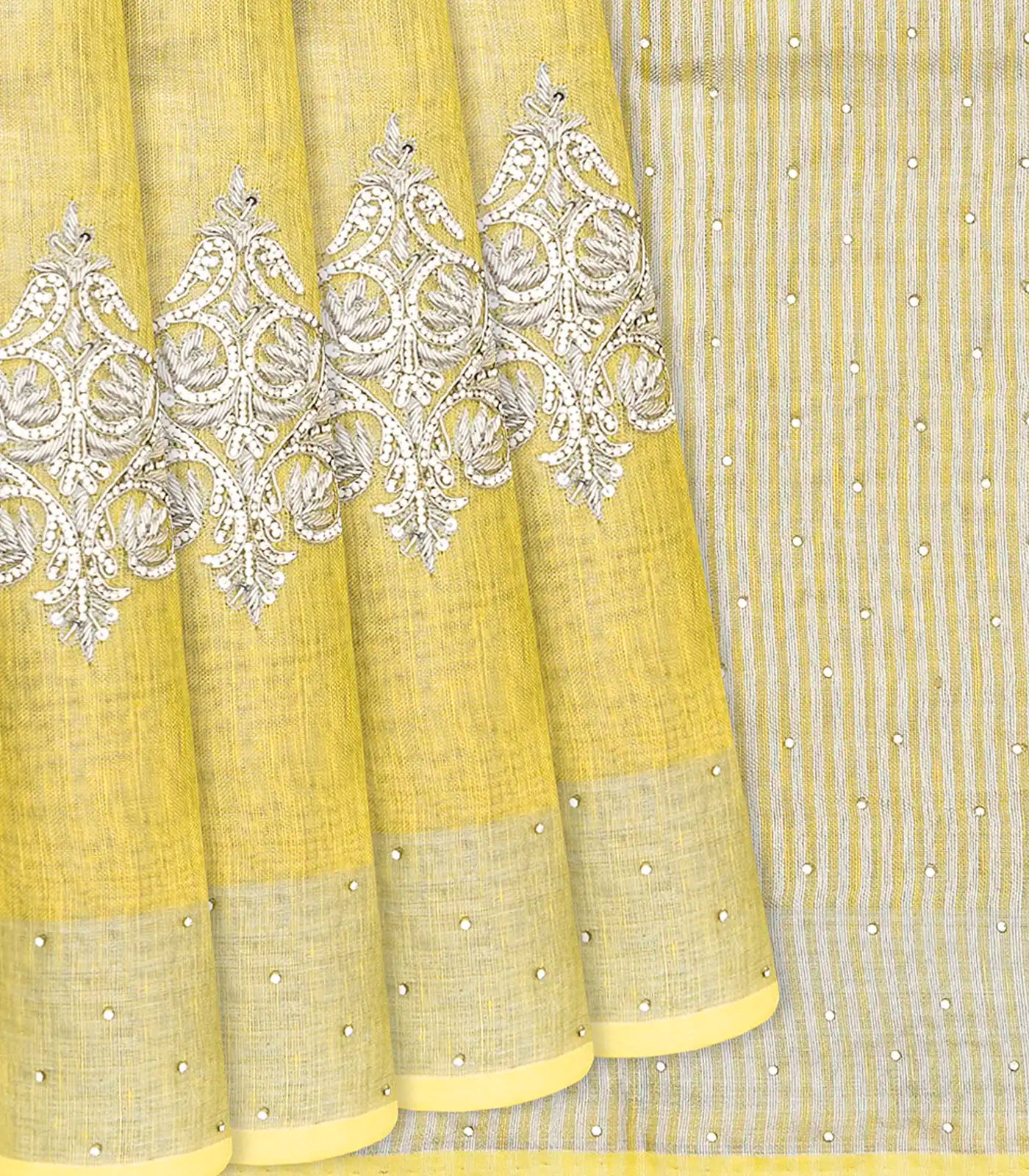 RmKV Yellow Woven Linen Saree With Embroidered Floral Motifs-Yellow