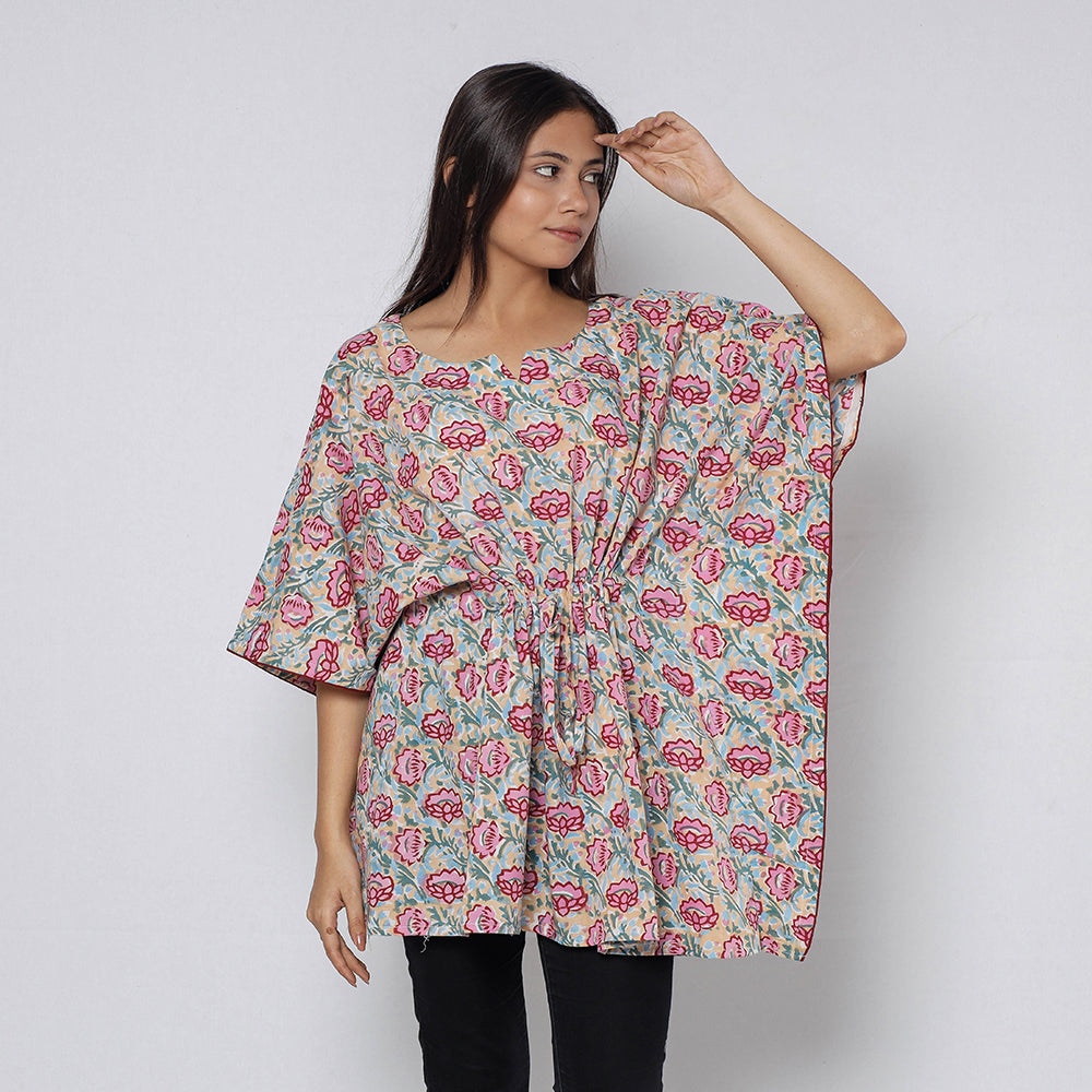 ITOKRI CASUALS Beige - Sanganeri Block Printed Cotton Kaftan with Tie-Up Waist (Short) - view 2