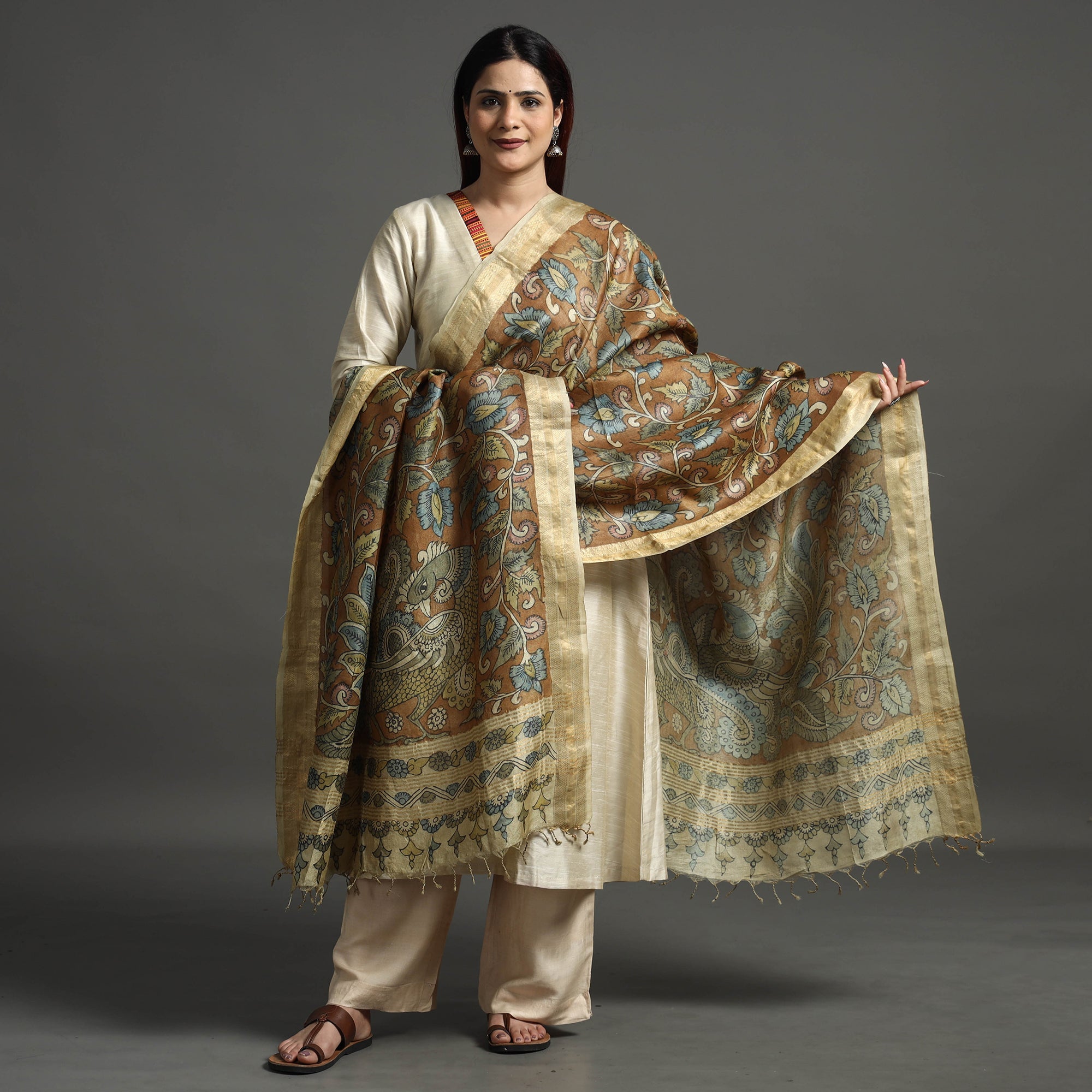SOUTH KARGHA Brown - Pure Tussar Silk Pen Work Srikalahasti Kalamkari Dupatta with Dobby Border