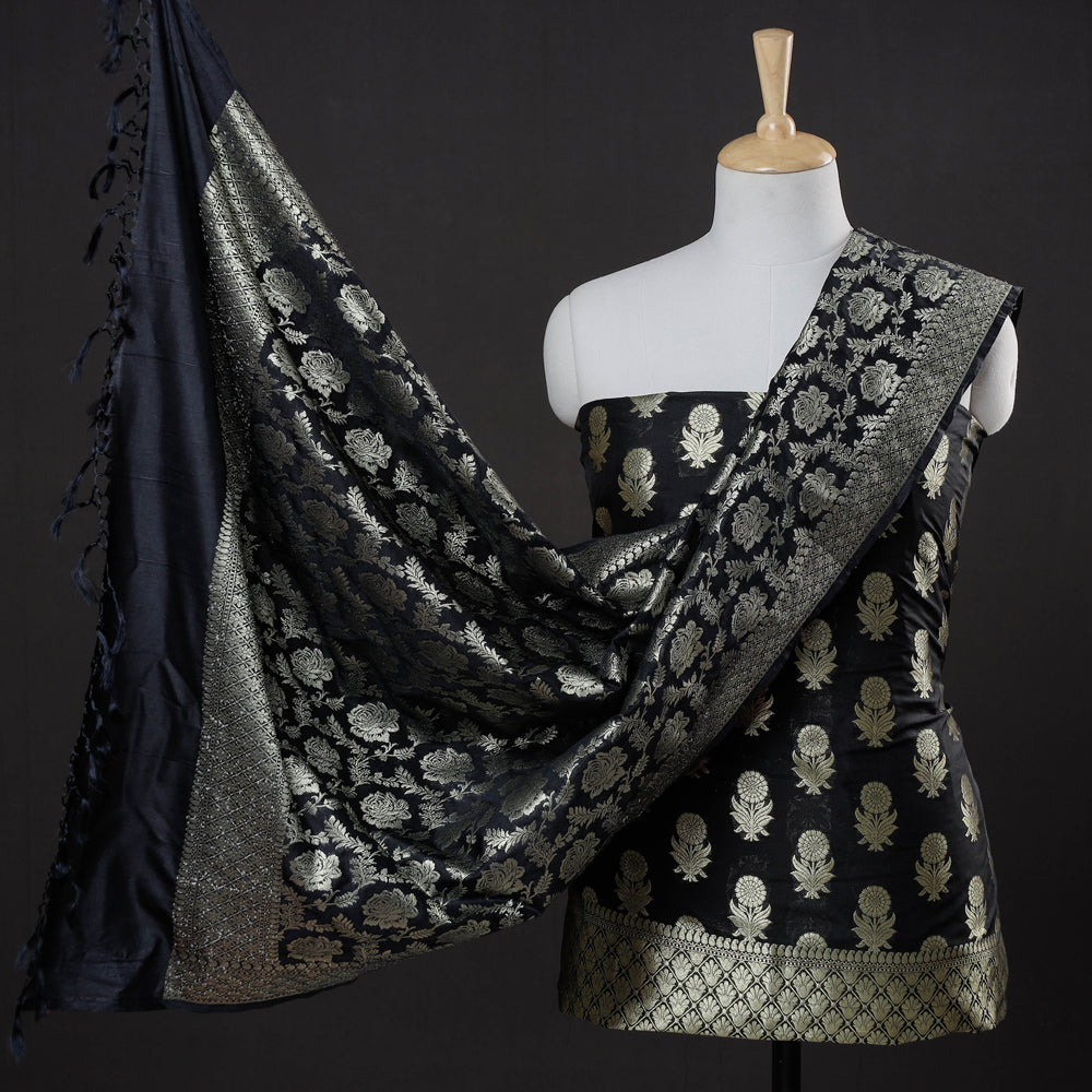 BANARASI BY MAQBUL HASAN Black - 3pc Zari Jaal & Buti Silk Banarasi Dress Material