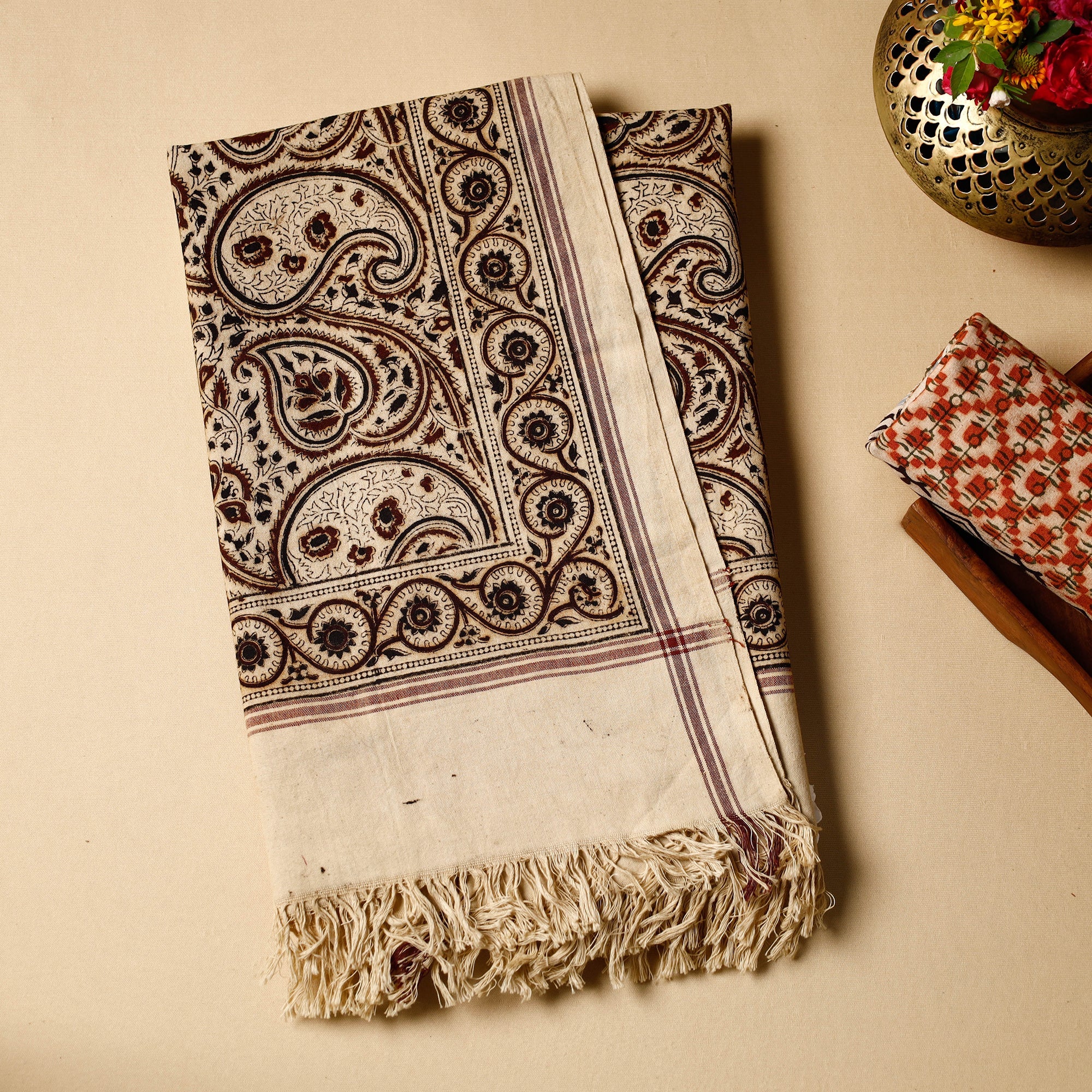 PITCHUKA SRINIVAS KALAMKARI PEDANA Beige - Pedana Kalamkari Block Printed Handloom Cotton Towel