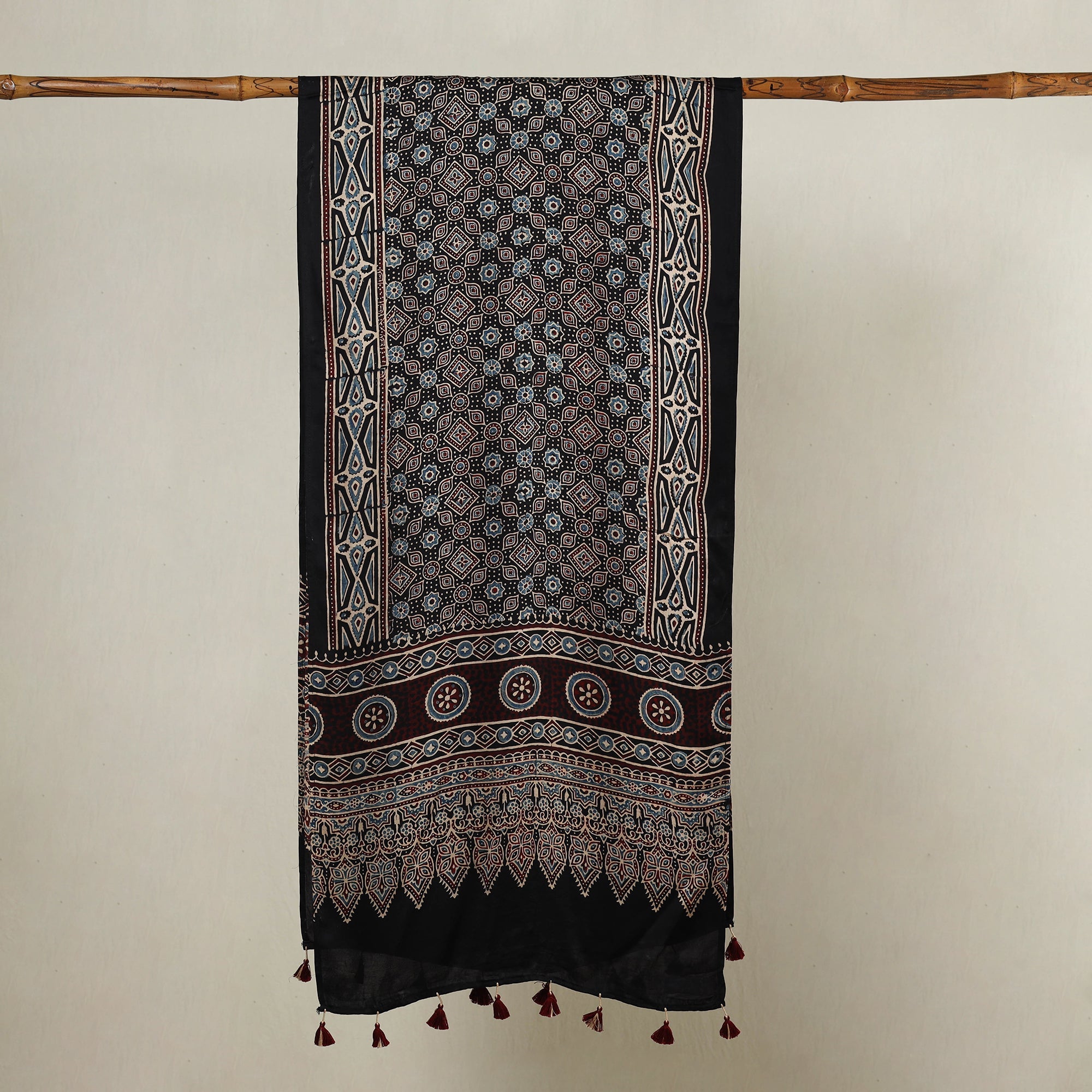 RIYAZ ABDULMAJID KHATRI - AJRAKH Black - Ajrakh Hand Block Printed Modal Silk Stole with Tassels - view 2