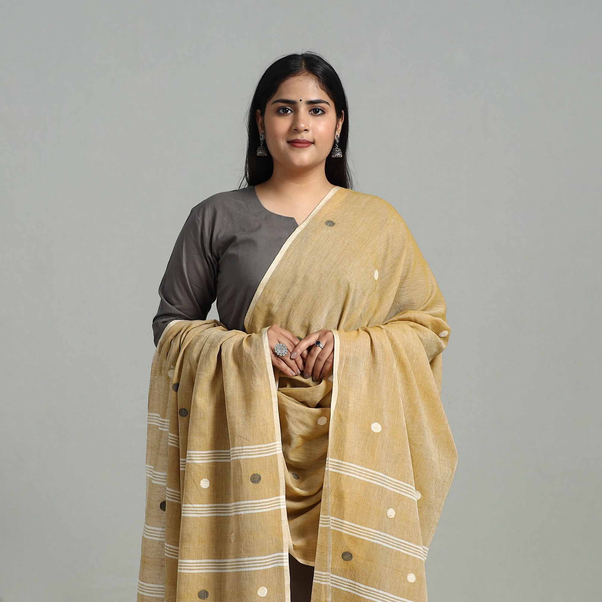 KHUSHBASH - HAPPY LOOM OF EAST Beige - Handloom Cotton Burdwan Jamdani Dupatta 01 - view 3