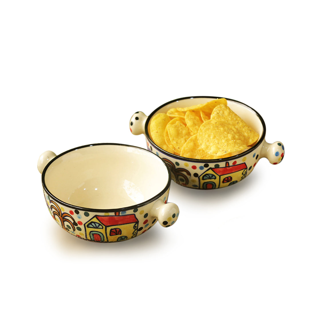 EXCLUSIVELANE 'The Hut Handled Bowls'' Handpainted Ceramic Bowls (Set Of 2) - view 2