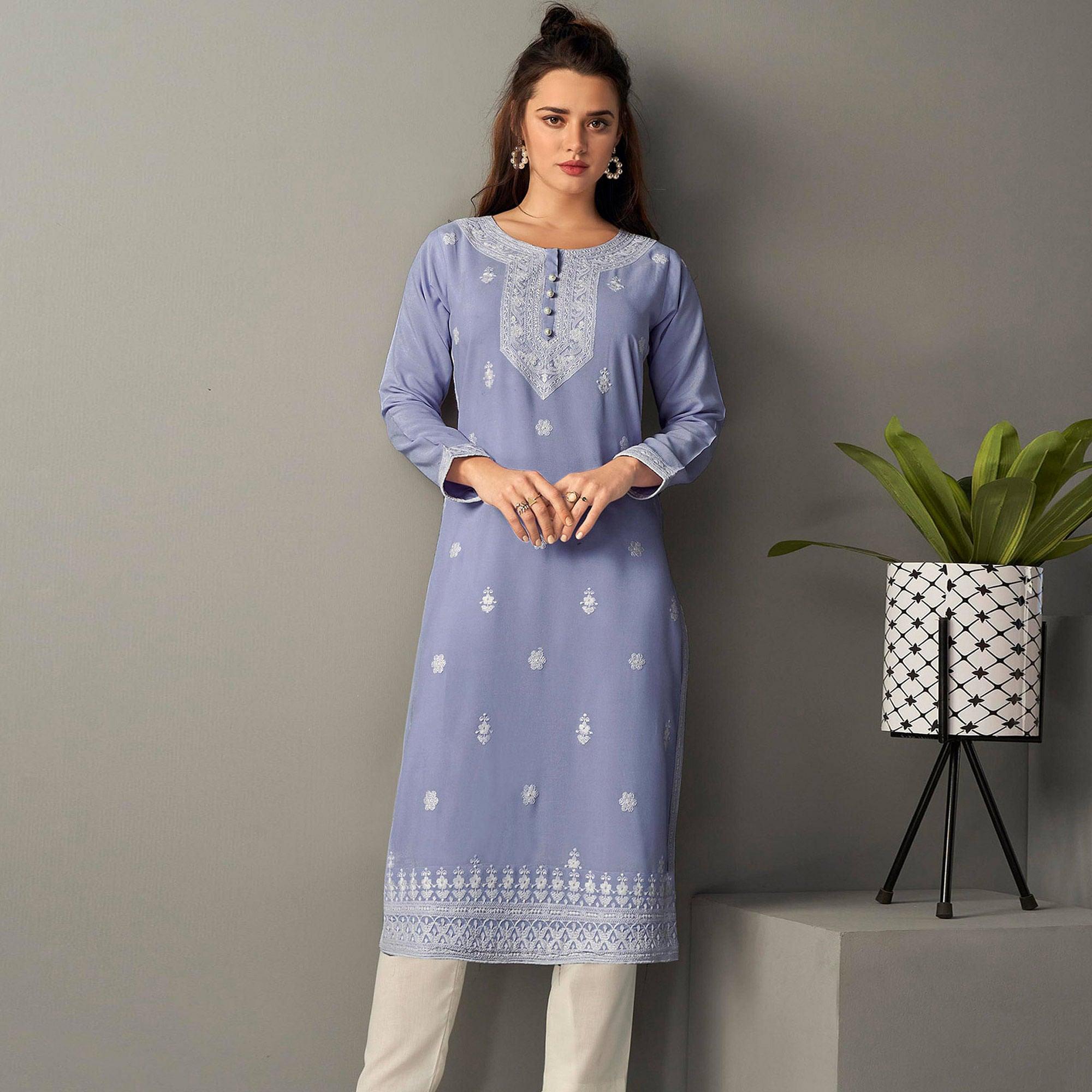 Peachmode Seller Captivating Lavendar Colored Casual Wear Embroidered Pure Rayon Viscose Kurti