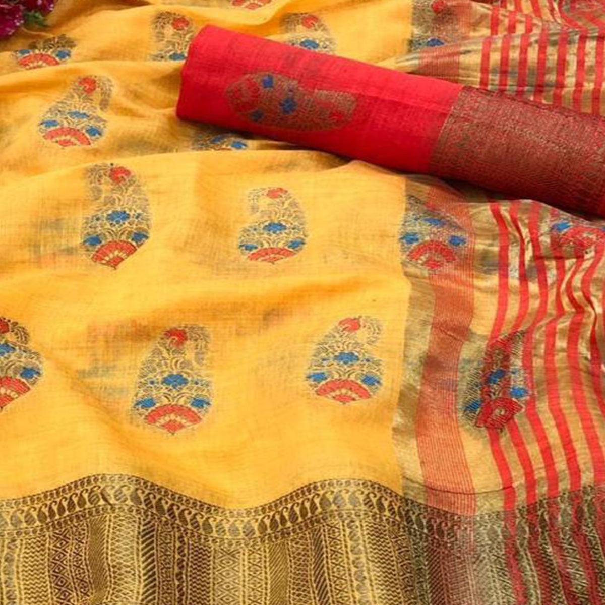 Peachmode Groovy Yellow Colored Festive Wear Woven Tussar Silk Saree - view 2