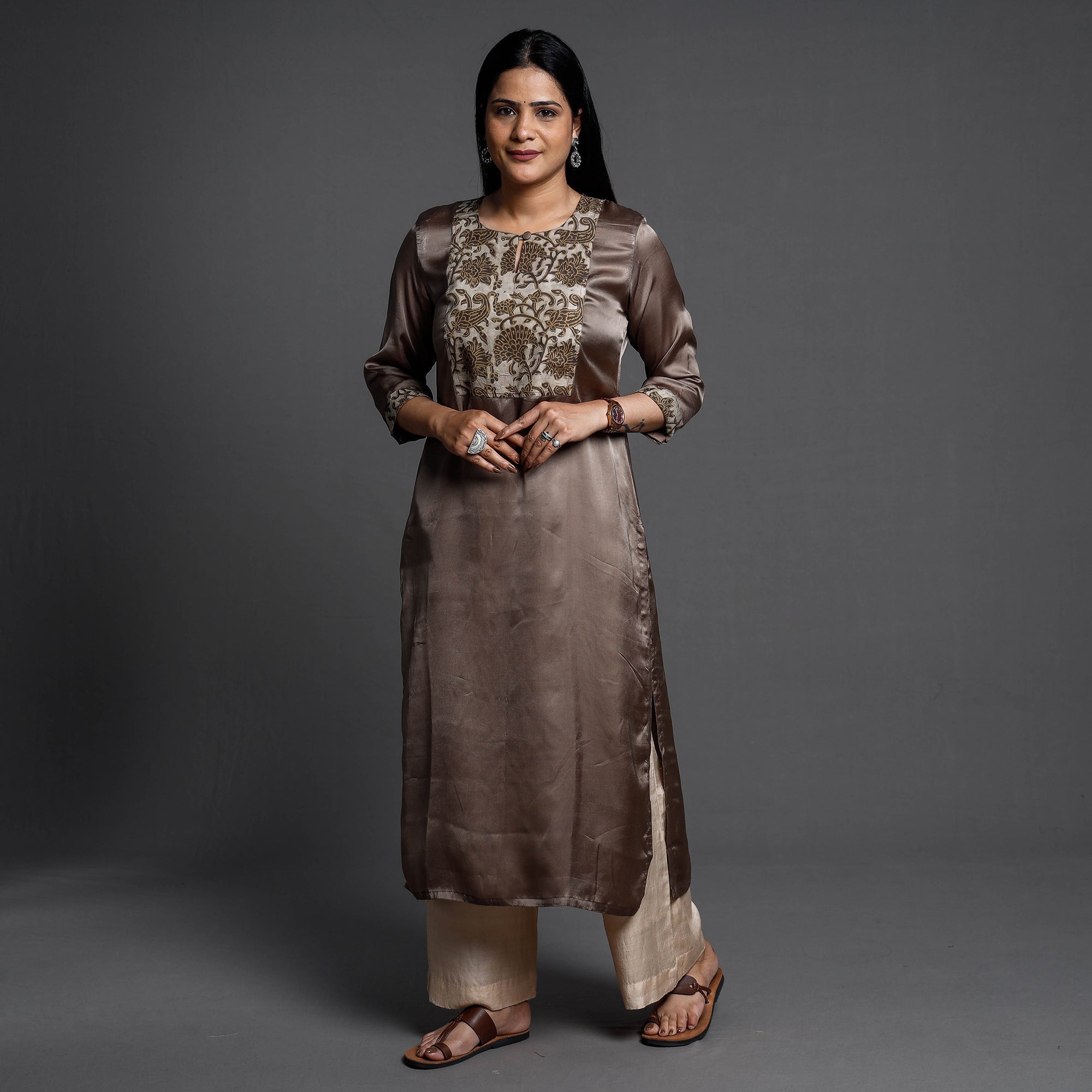 ITOKRI CASUALS Brown - Modal Silk Plain Long Straight Kurta - view 2