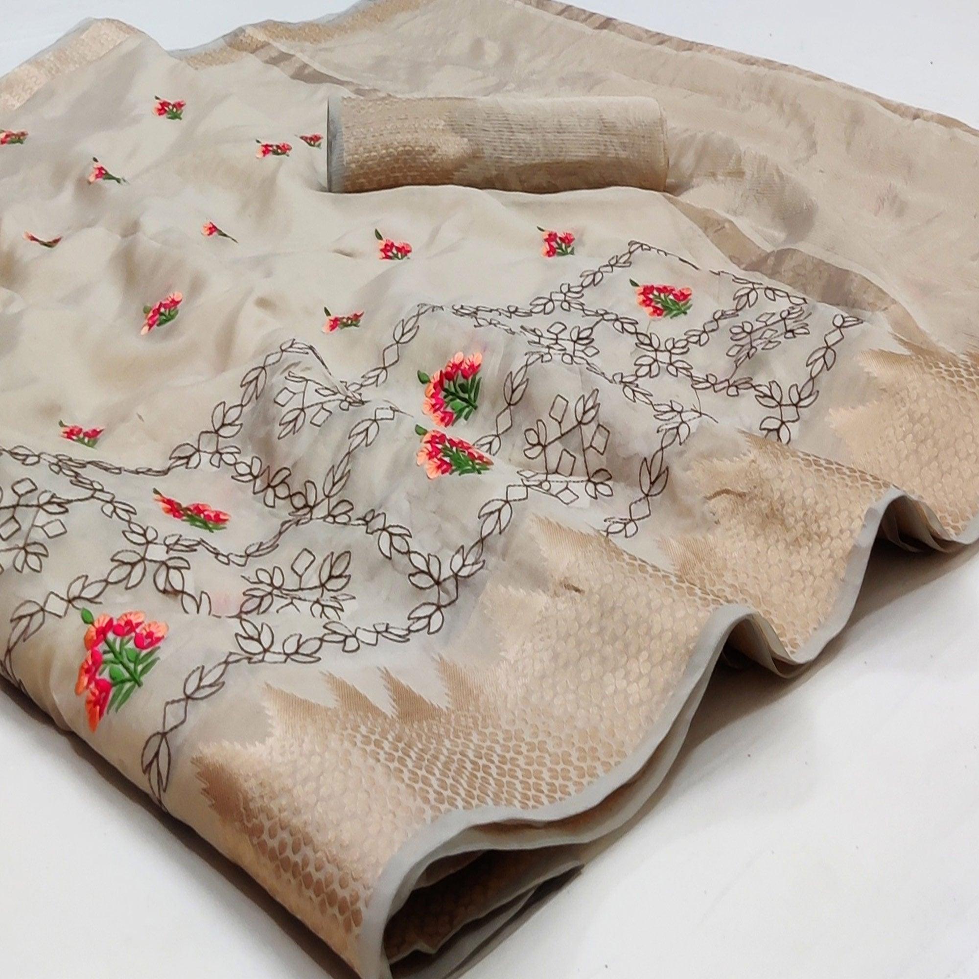 Peachmode Chikoo Festive Wear Woven Organza Saree With Floral Embroidery Butta Work