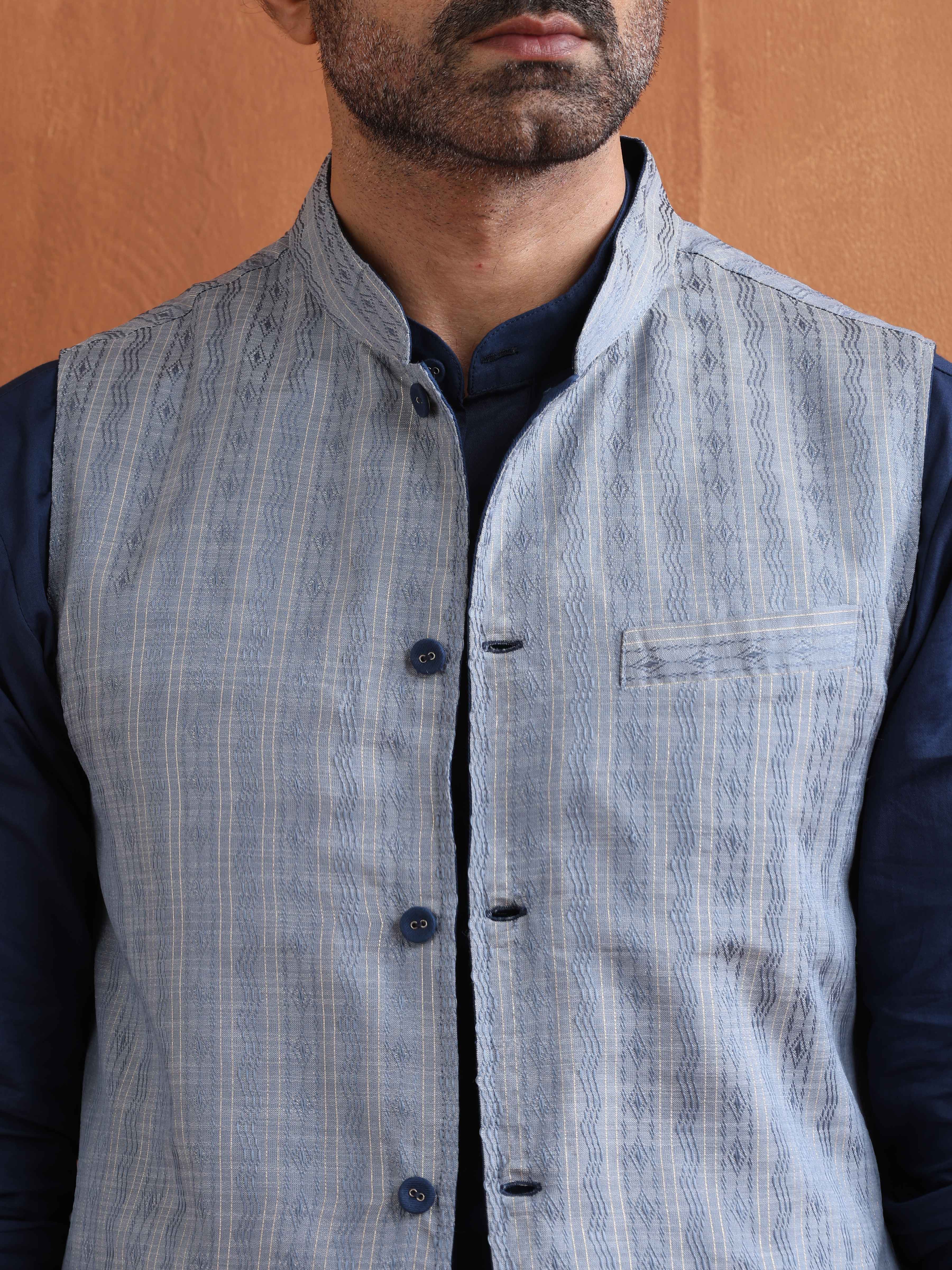 trueBrowns Men's Blue Chanderi Reversible Nehru Jacket - view 6