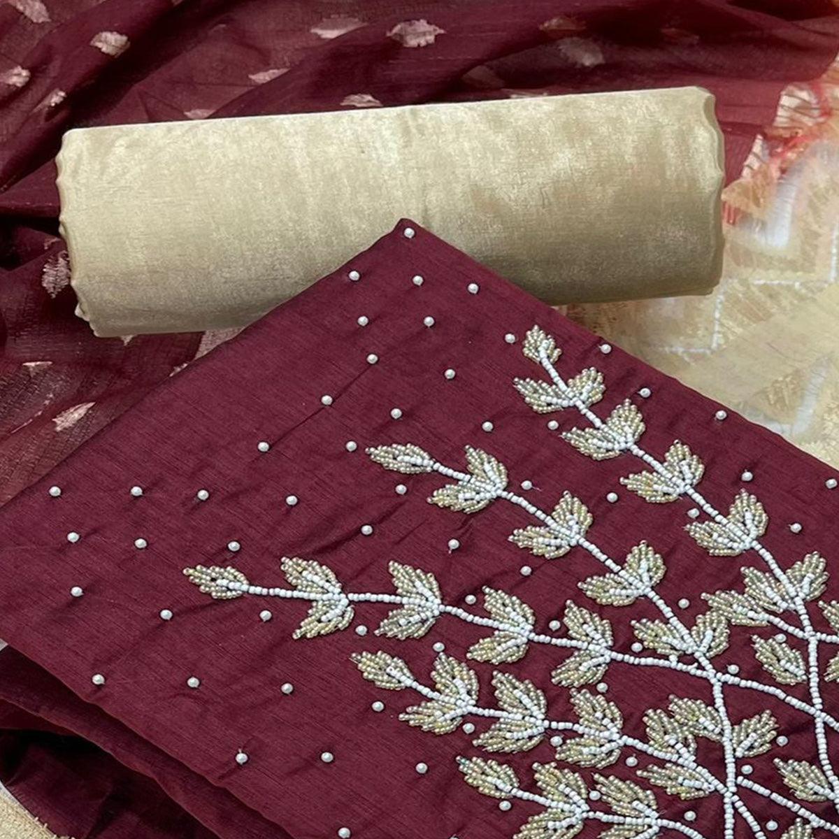 Peachmode Maroon Casual Wear Pearl Handwork Modal Silk Dress Material - view 3