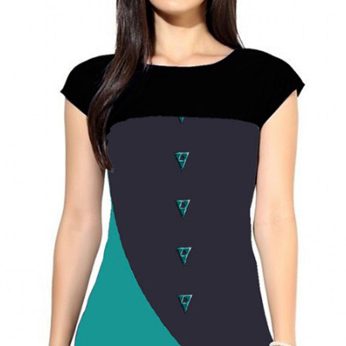 Peachmode Seller Delightful Navy Blue-Turquoise Green Colored Casual Digital Printed Rayon Kurti - view 3