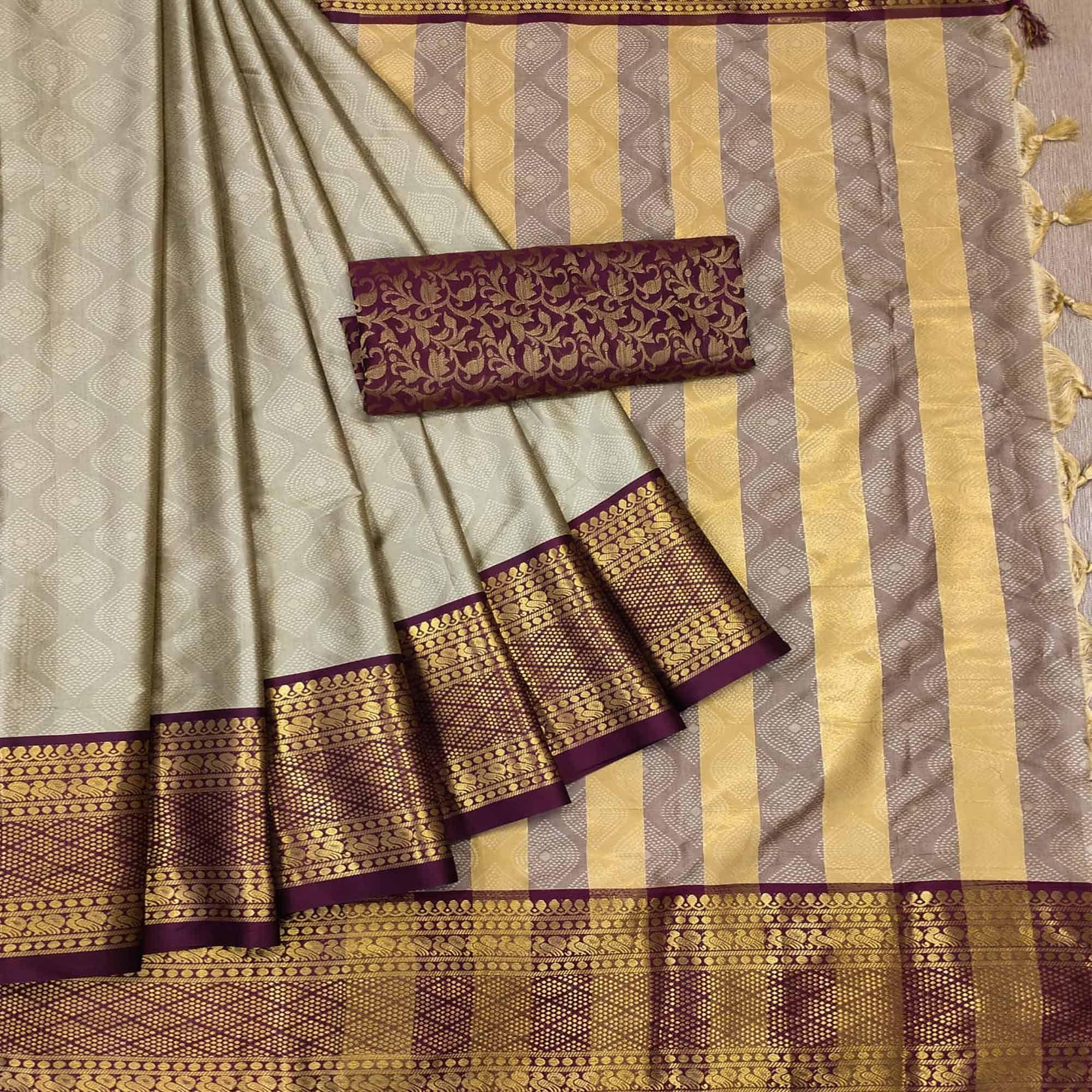 Peachmode Brown Printed Cotton Silk Saree – Women's