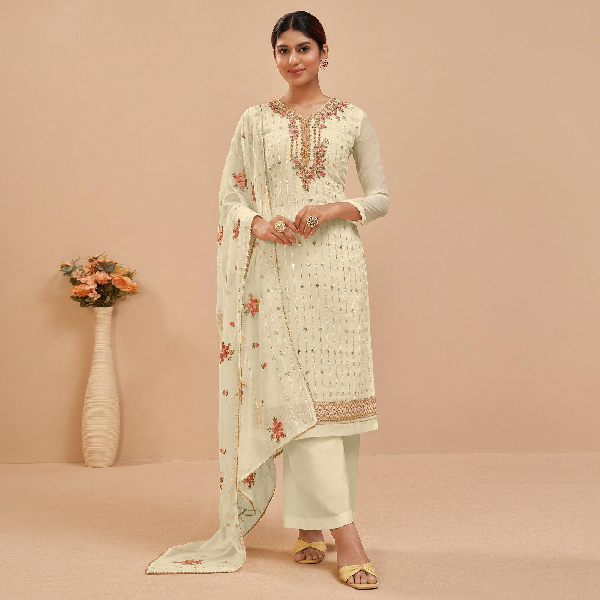 Peachmode Lemon Yellow Party Wear Embroidered Georgette Suit - view 4