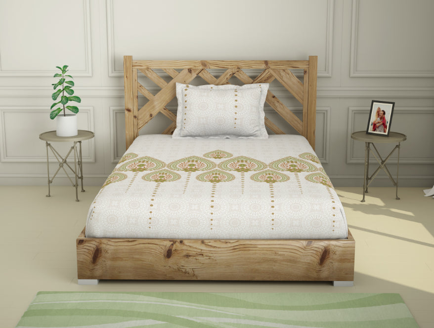 100 cotton single – Spaces India Ornate Palm - Light Green 100% Cotton Single Bedsheet - Atrium By Spaces