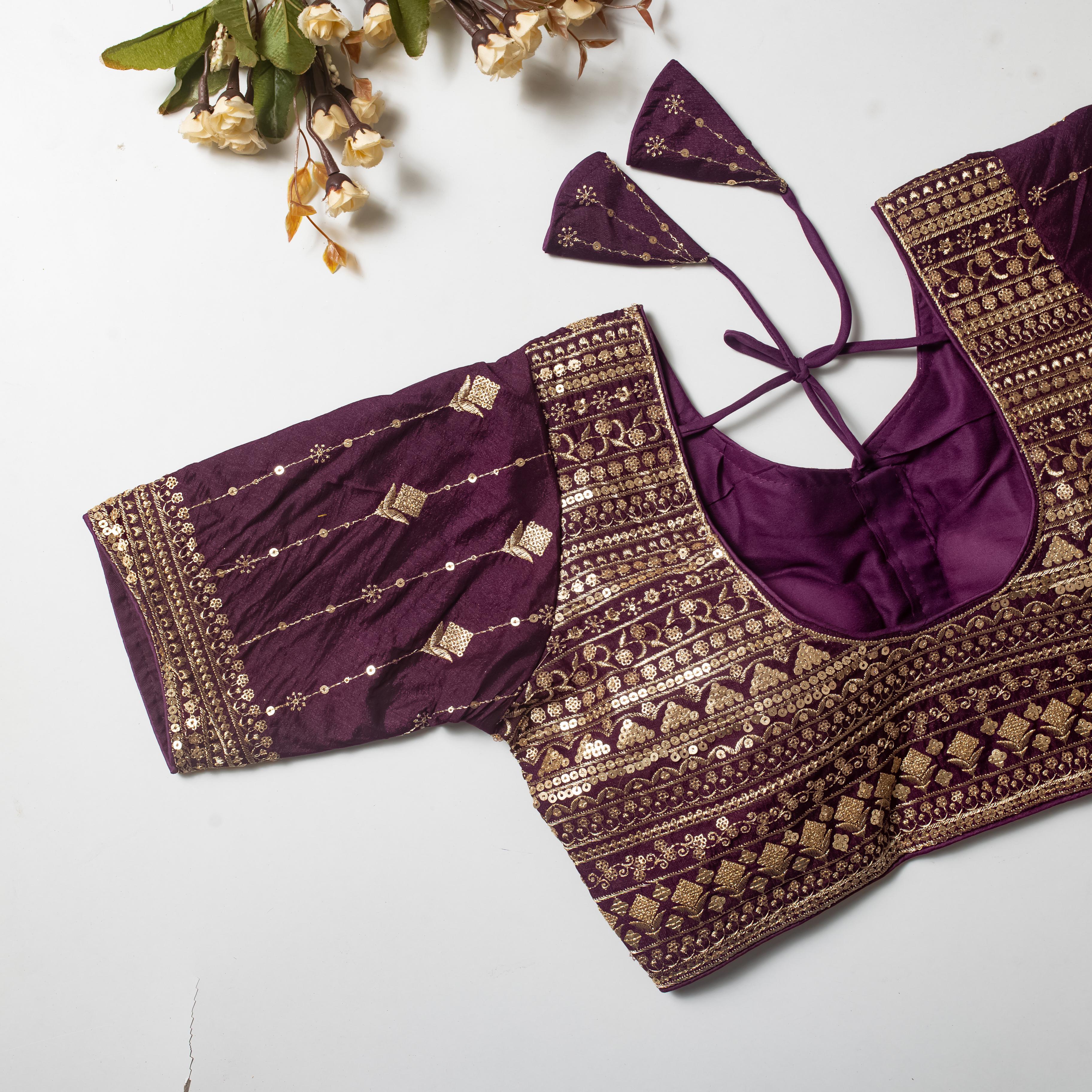 ClothsVilla Wine Golden Embroidered Vibrant Silk Blouse with Sequins