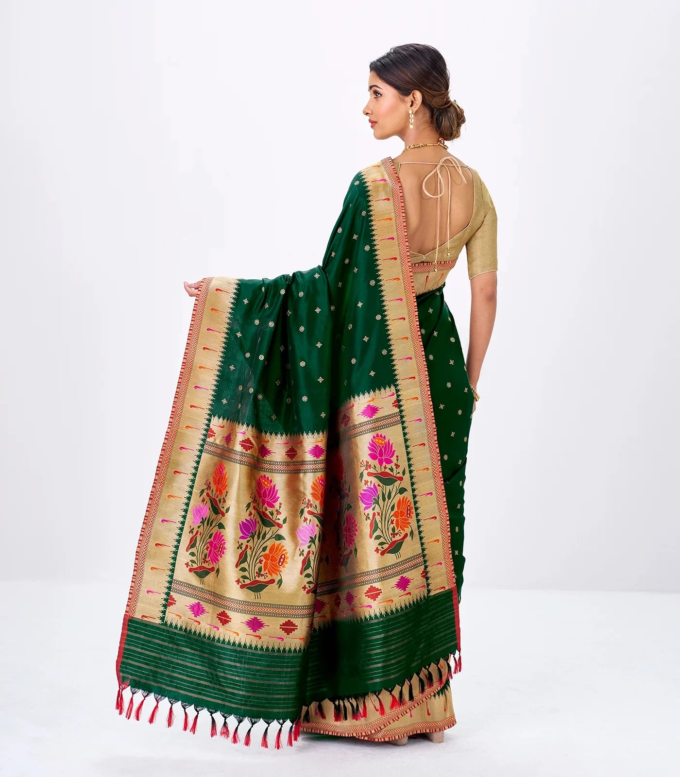RmKV Bottle Green Handwoven Banarasi Silk Saree With Floral Buttas - view 3