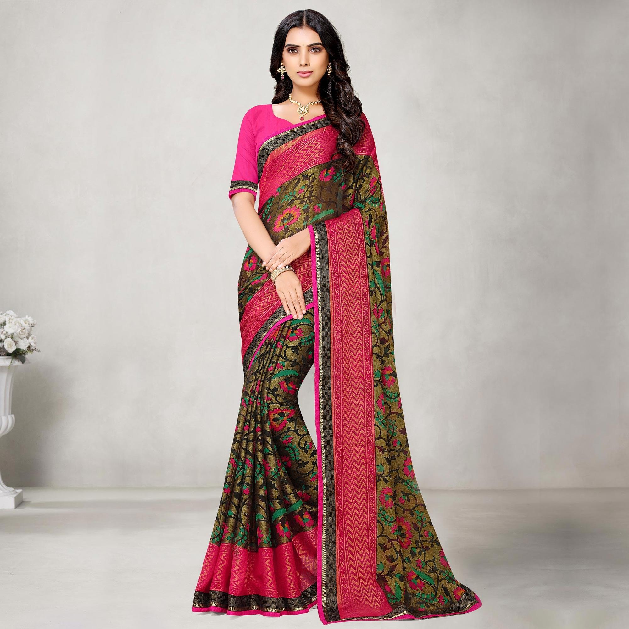 Peachmode Gleaming Peach Coloured Partywear Printed Chiffon Brasso Saree