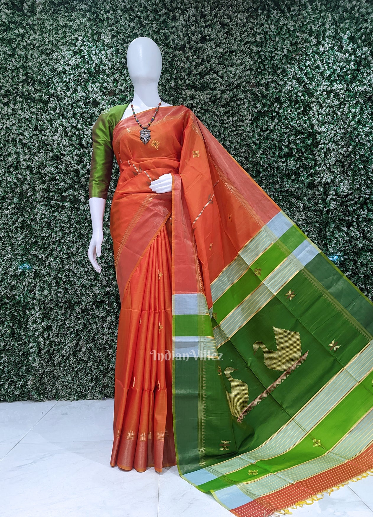 IndianVillèz Orange Green Pure Bishnupuri Silk Saree