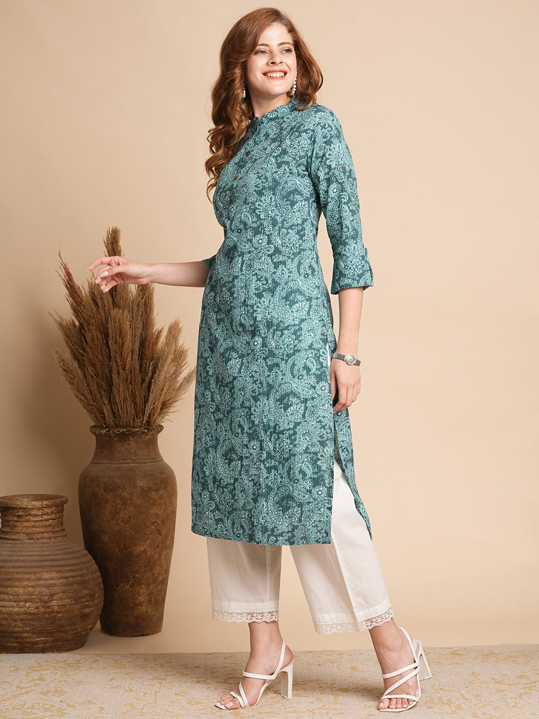 FASHOR Ethnic Floral Printed Straight Fit Kurta - Sea Green - view 5