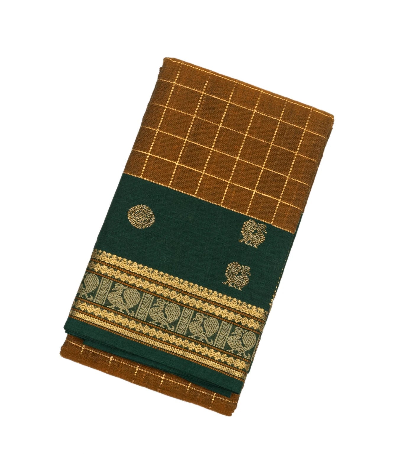 RmKV Dark Olive Handloom Kanchi Cotton Saree With Checks