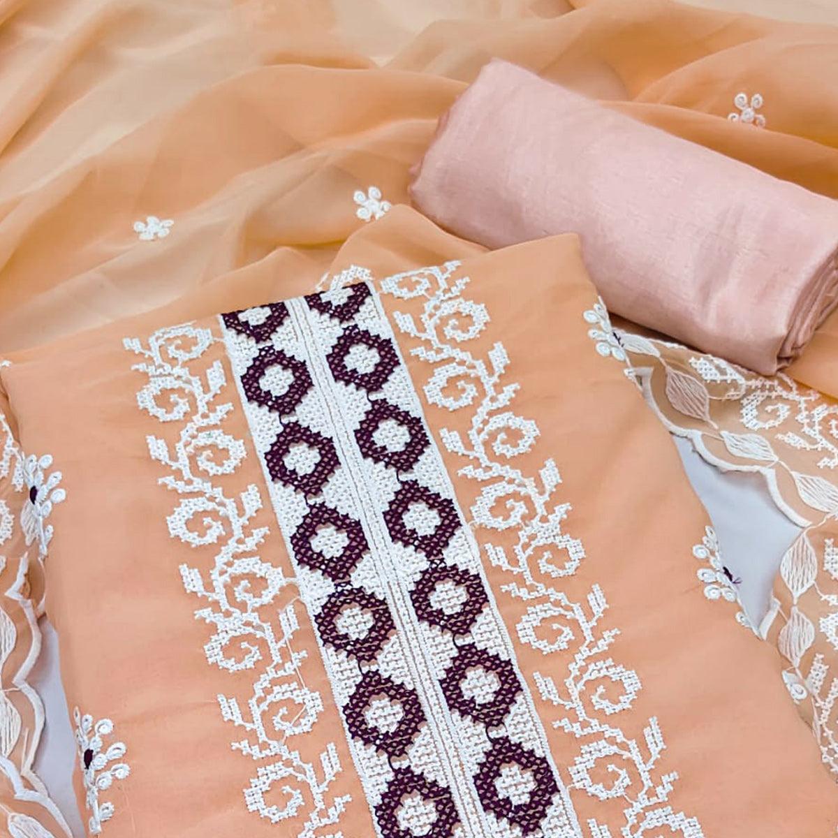 Peachmode Light Orange Embroidered Georgette Dress Material - view 2
