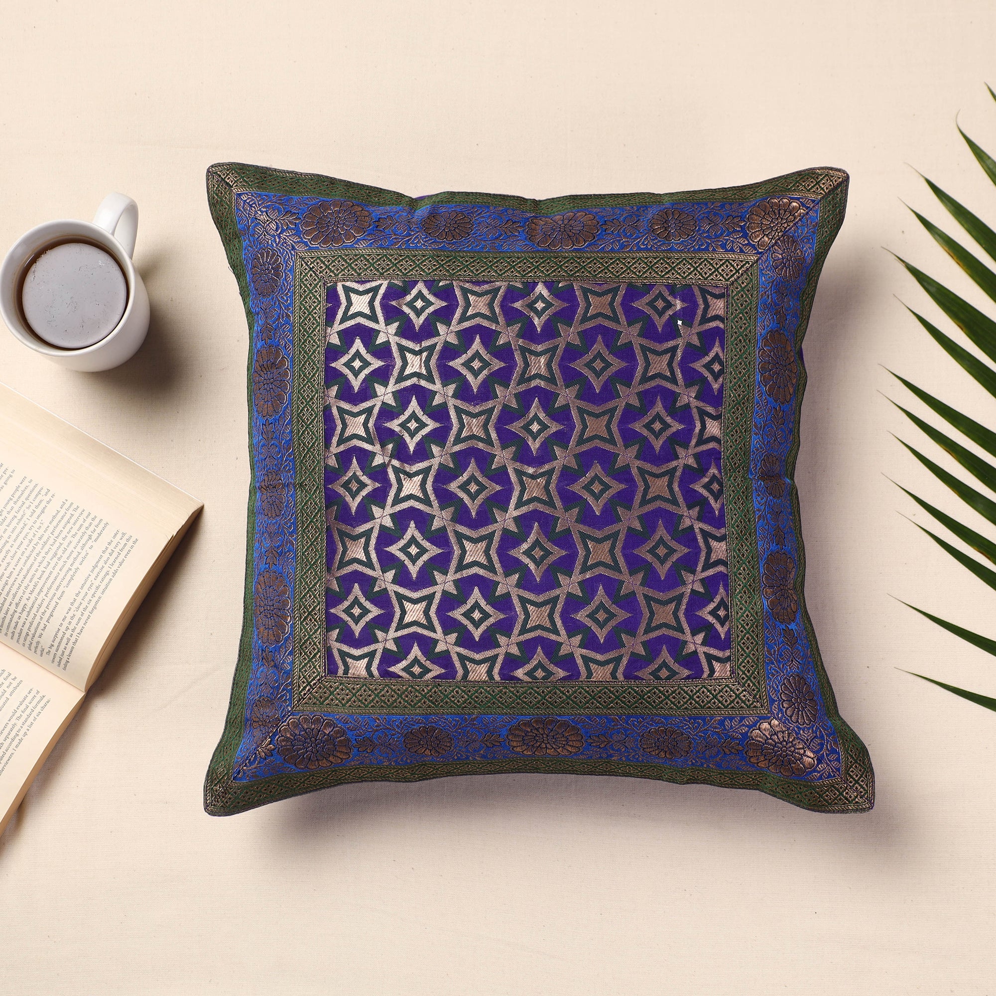 BANARASI BY MAQBUL HASAN Blue - Banarasi Handwoven Silk Zari Cushion Cover (16 x 16 in)