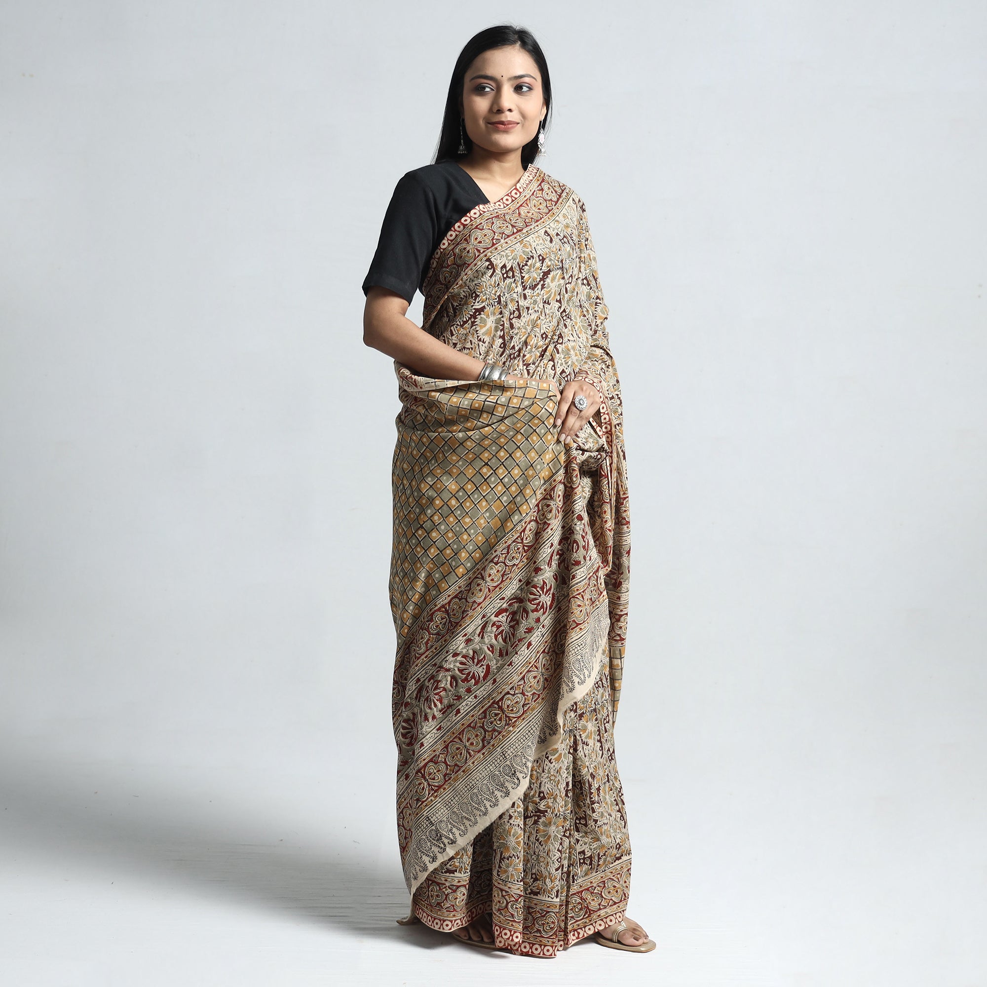 VENKATA BHANU KALAMKARI PEDANA Beige - Pedana Block Print Cotton Kalamkari Saree