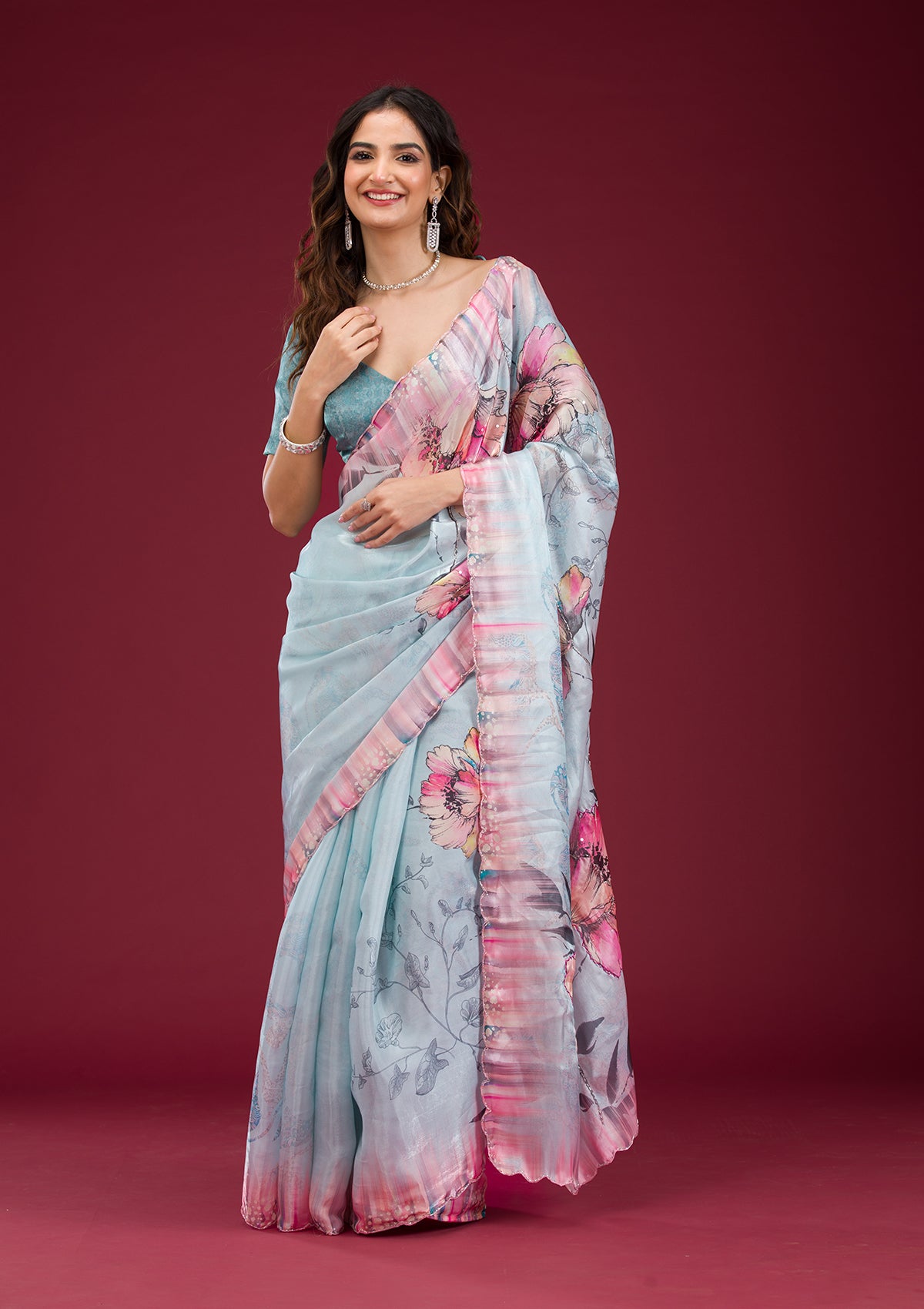 Koskii Sky Blue Printed Tissue Saree – Women's