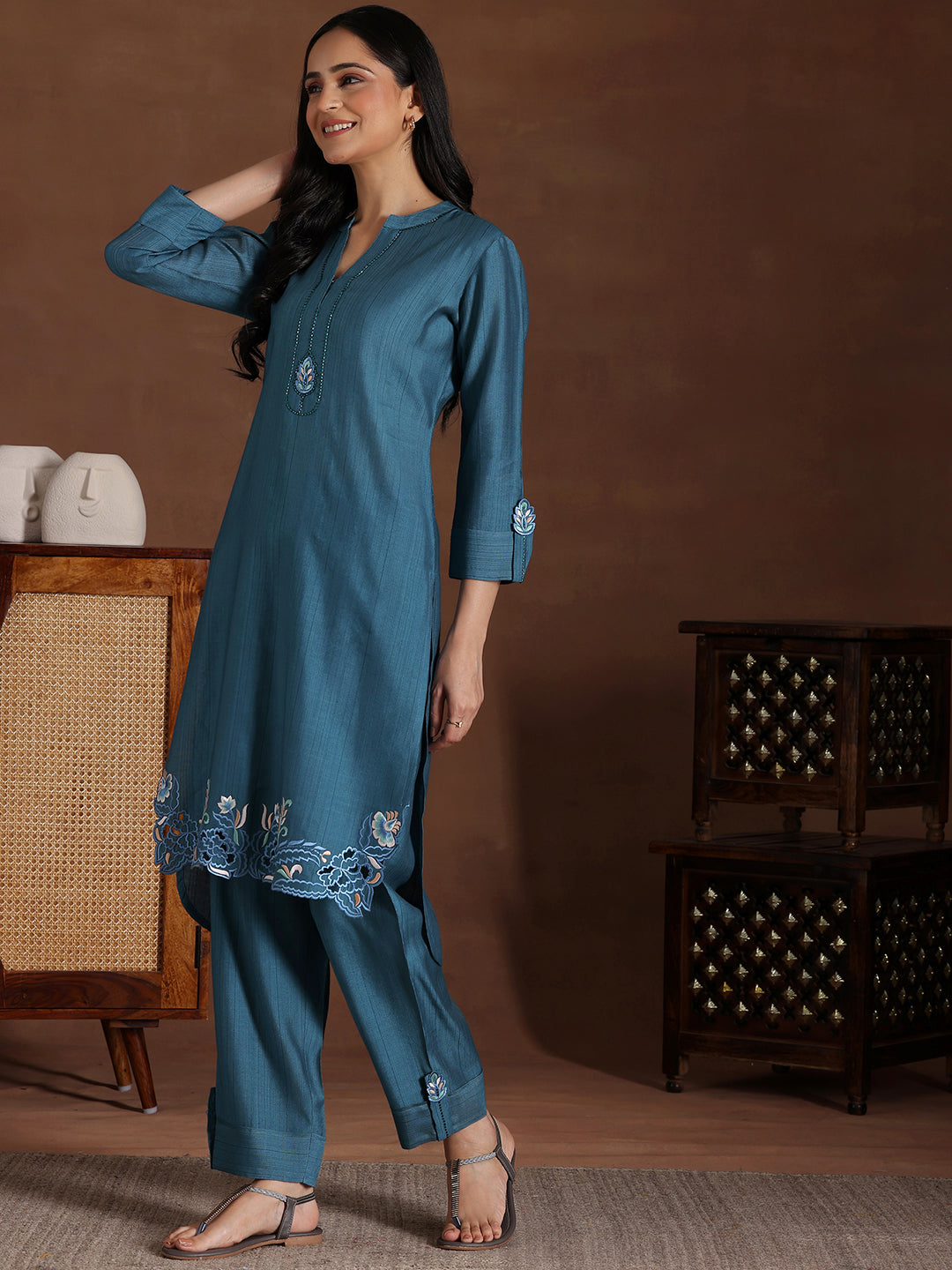 Libas Blue Embroidered Silk Blend Co-Ords - view 2