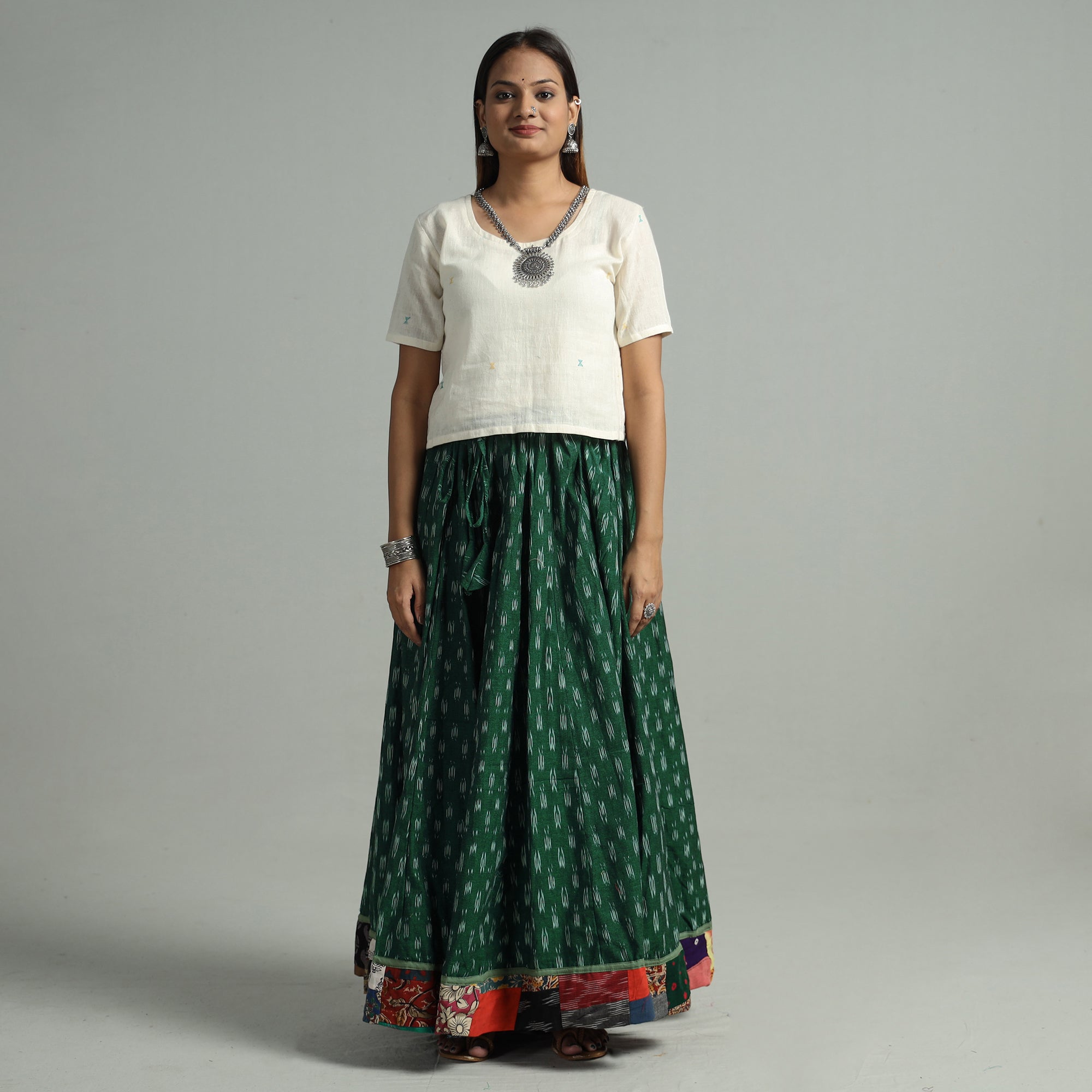 NOORI BAZAR Green - 24 Kali Cotton Pochampally Ikat Skirt 09
