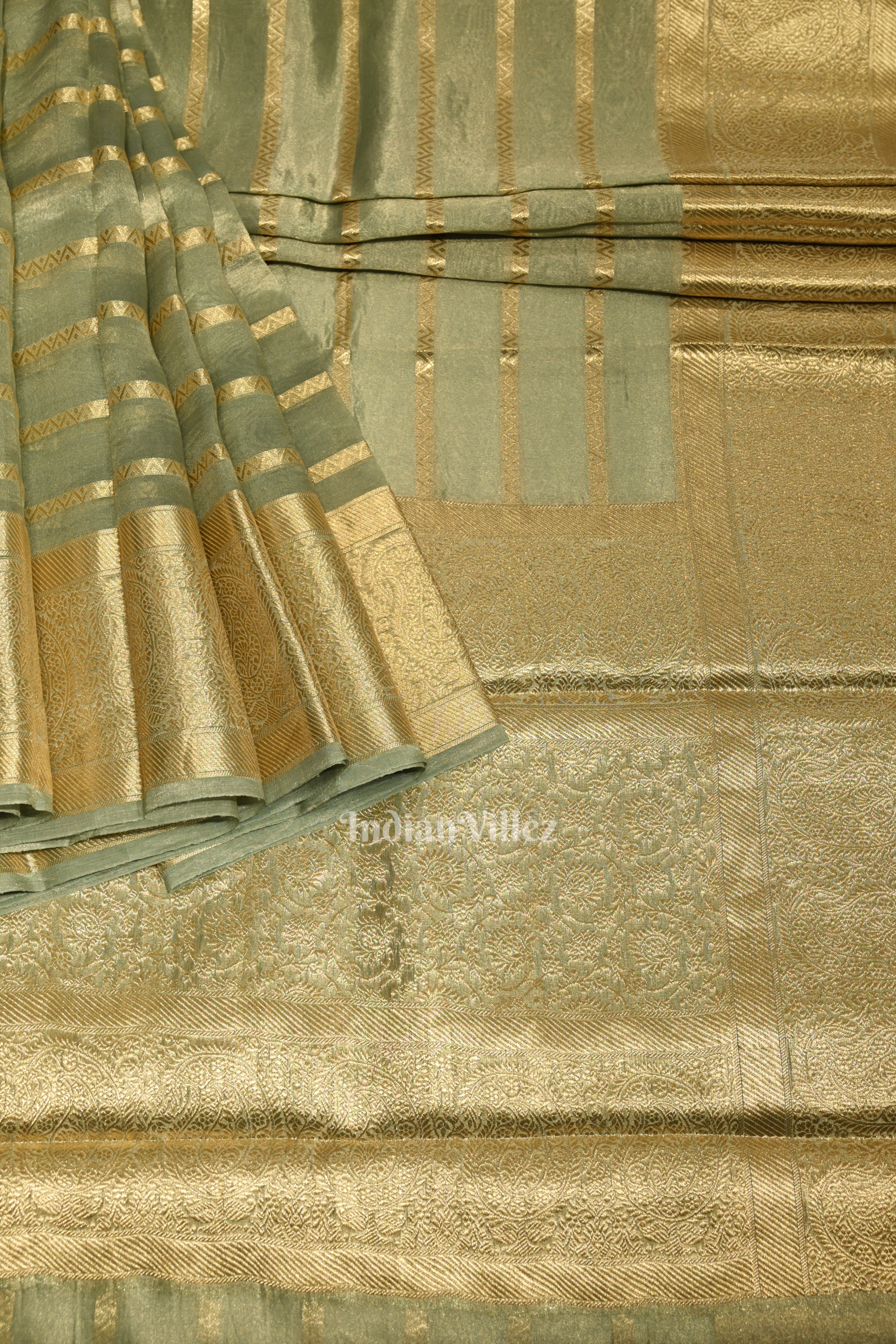 IndianVillèz Bluish Green Zari Woven Tissue Banarasi Saree